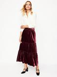 Boden Viv Tiered Velvet Maxi Skirt, Cabernet