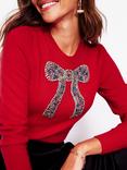 Boden Fenella Bow Embellished Jumper, Rouge Red