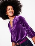 Boden Notch Neck Frill Velvet Top, Viola