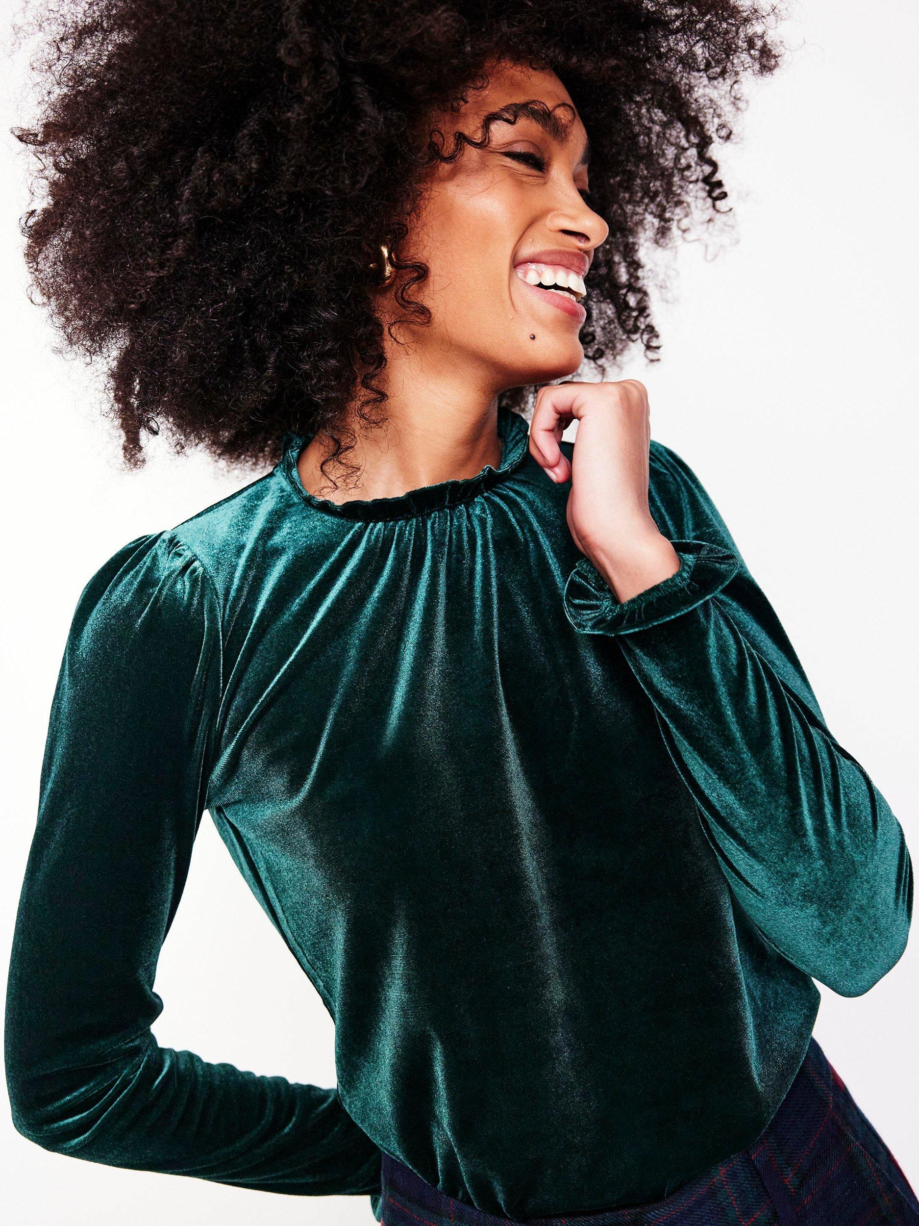 Product image 1 of 5, which shows Boden Velvet Frill Neck Top, Glade, 12