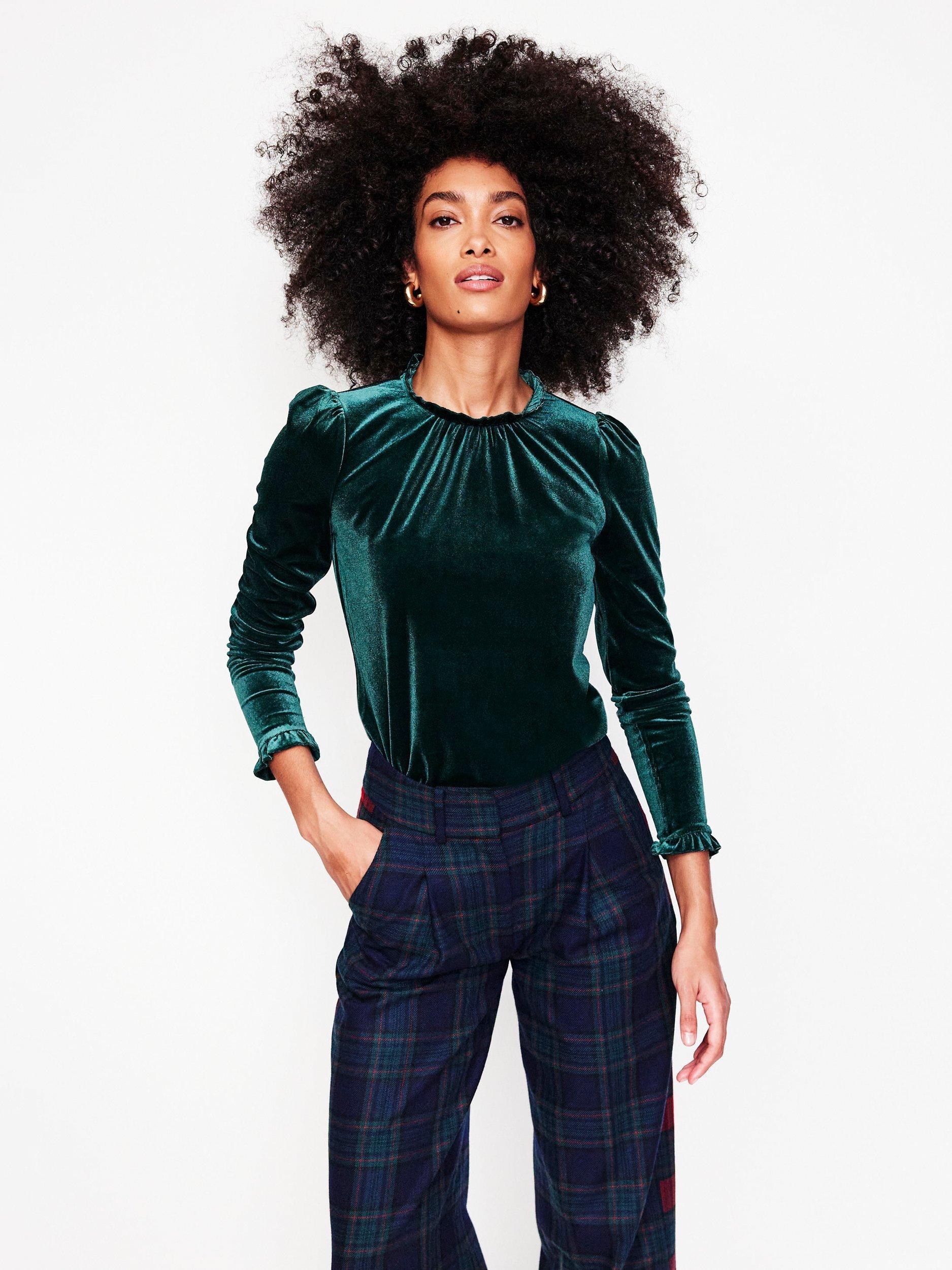 Product image 2 of 5, which shows Boden Velvet Frill Neck Top, Glade, 12