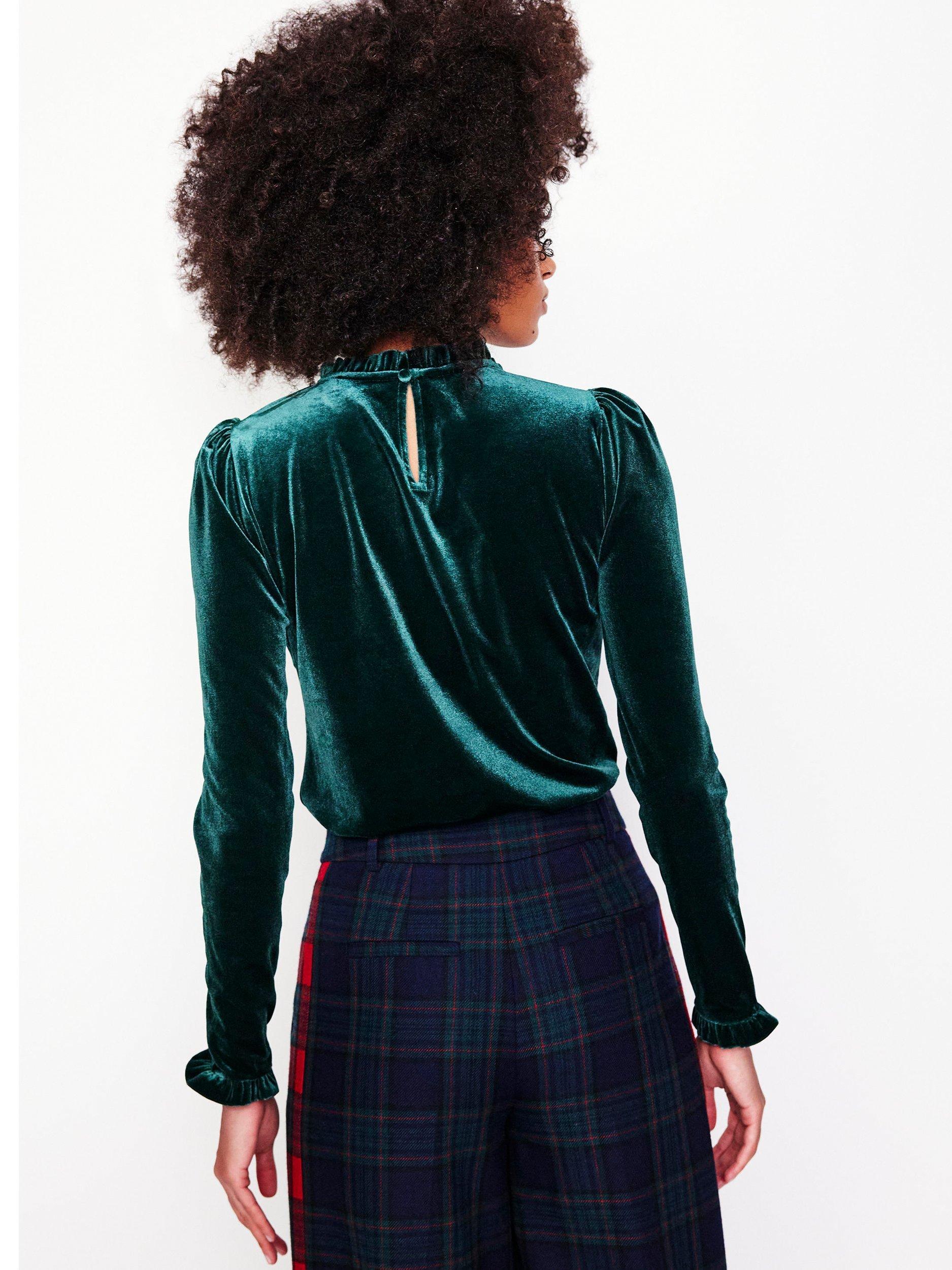 Product image 3 of 5, which shows Boden Velvet Frill Neck Top, Glade, 12