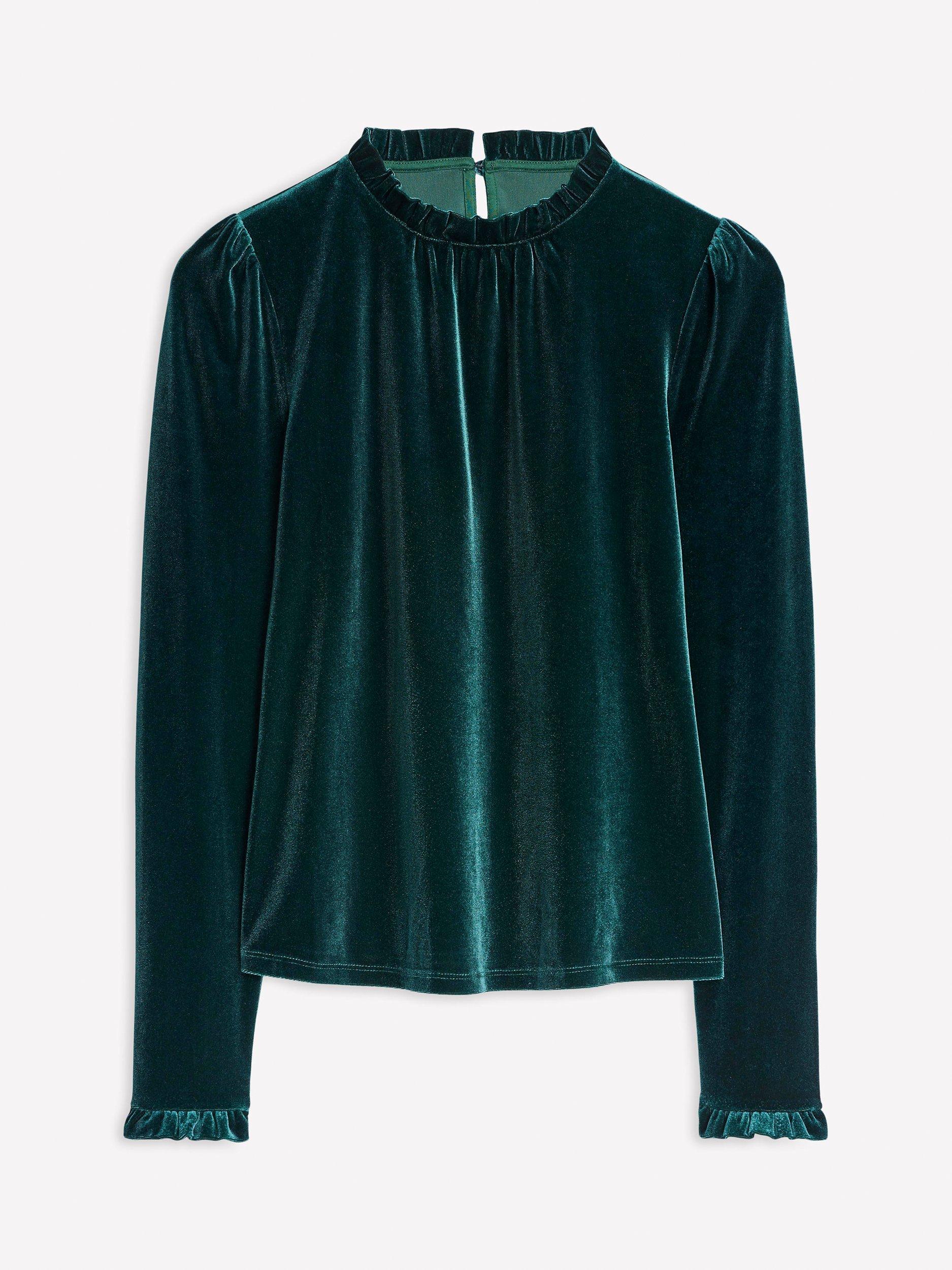 Product image 5 of 5, which shows Boden Velvet Frill Neck Top, Glade, 12