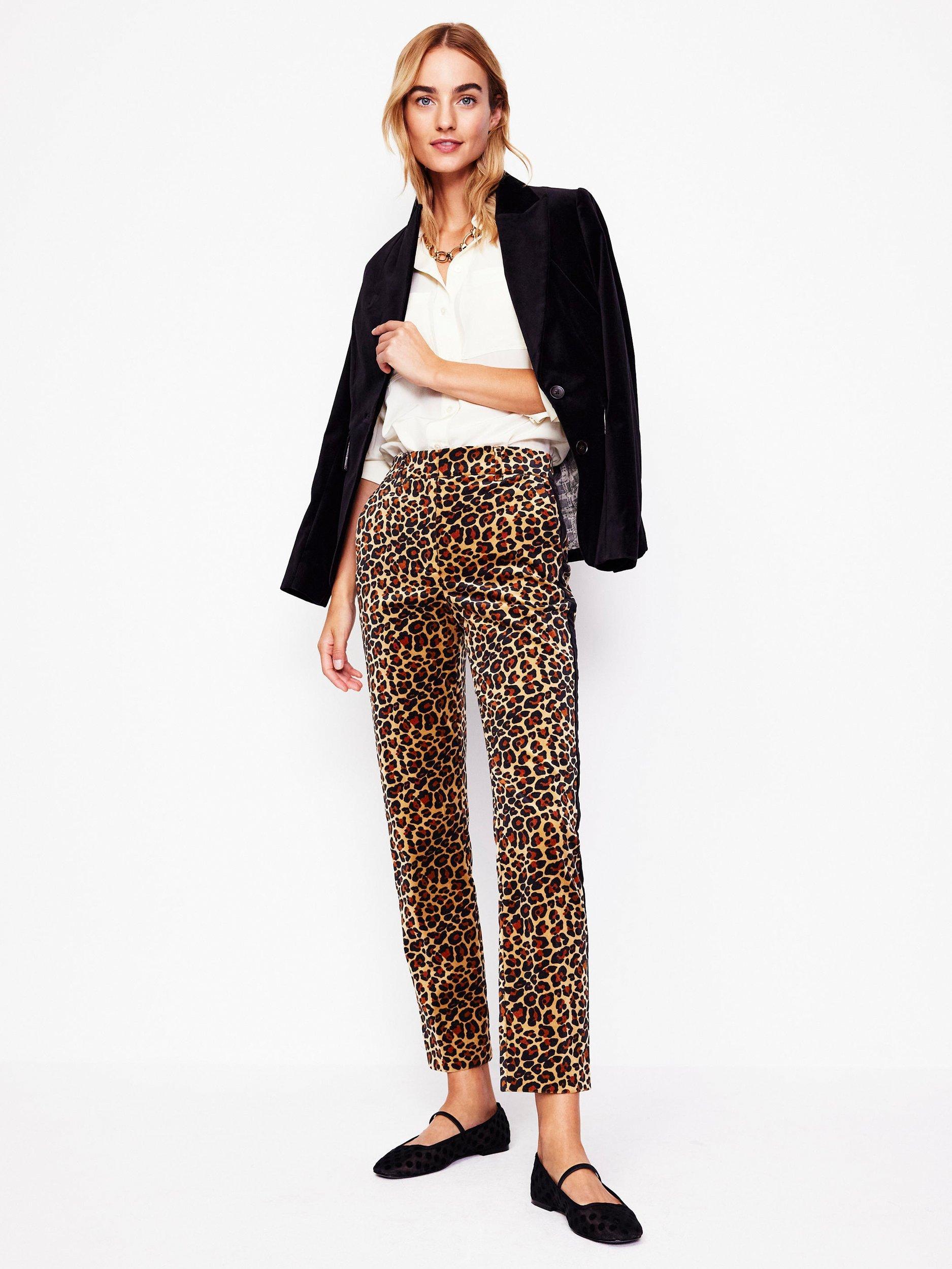 Boden Kew Velvet Leopard Print Tapered Trousers, Multi