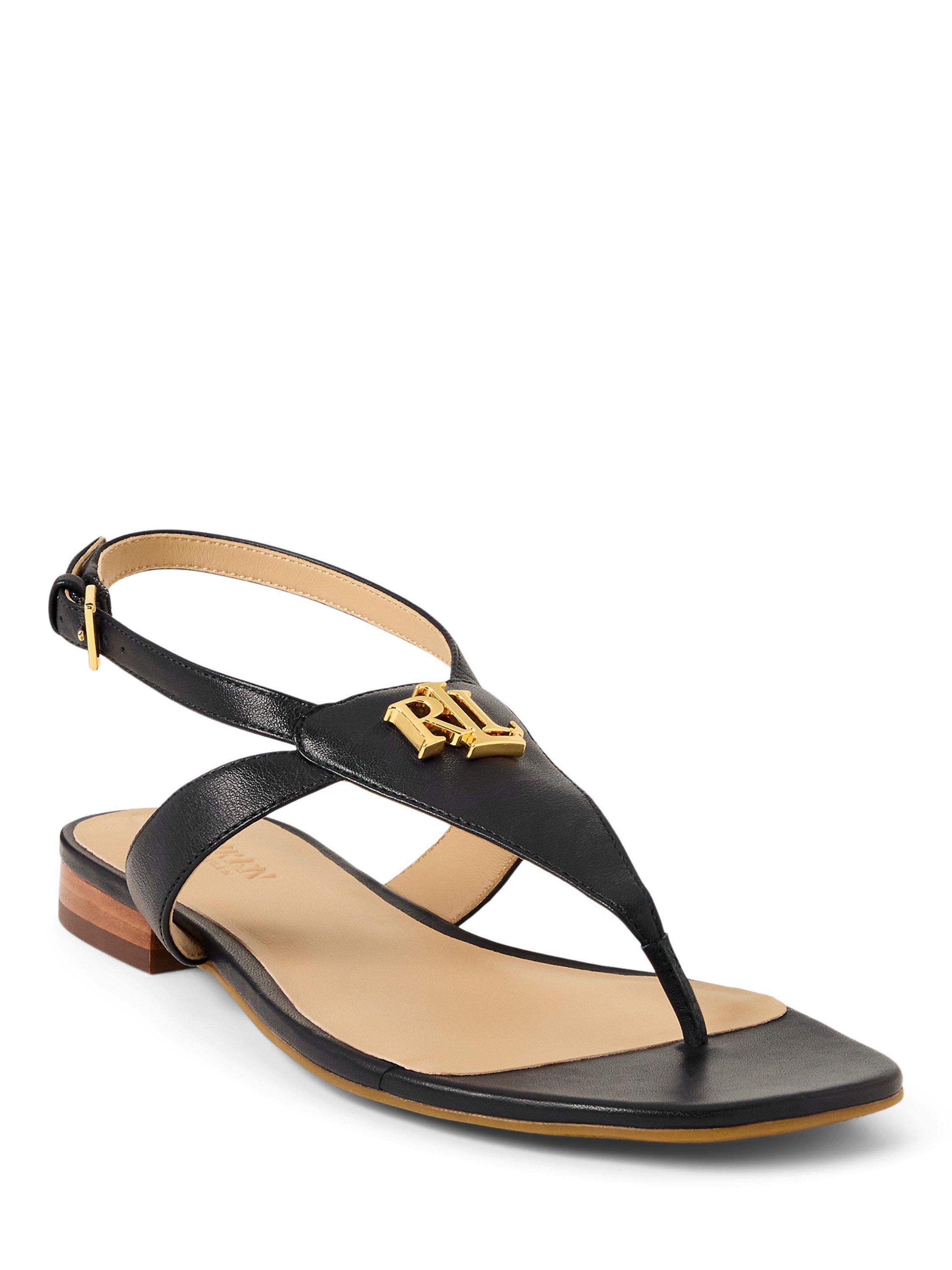 Product image 2 of 4, which shows Lauren Ralph Lauren Everley Leather T-Bar Sandals, Black, 3
