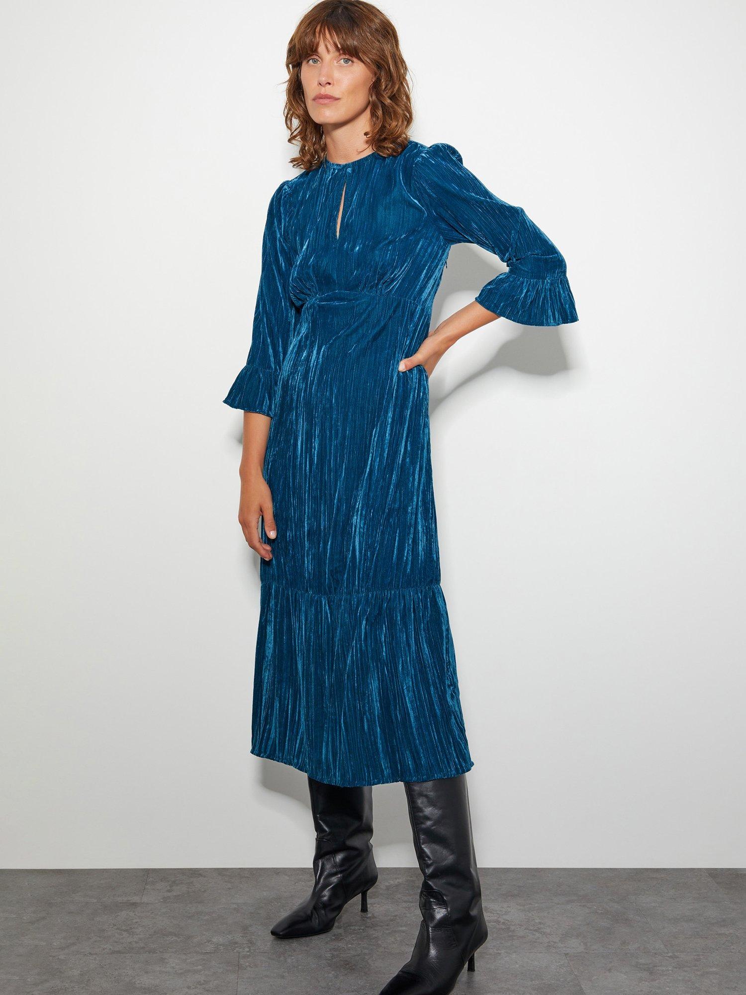 Monsoon Mabel Crushed Velvet Dress, Teal