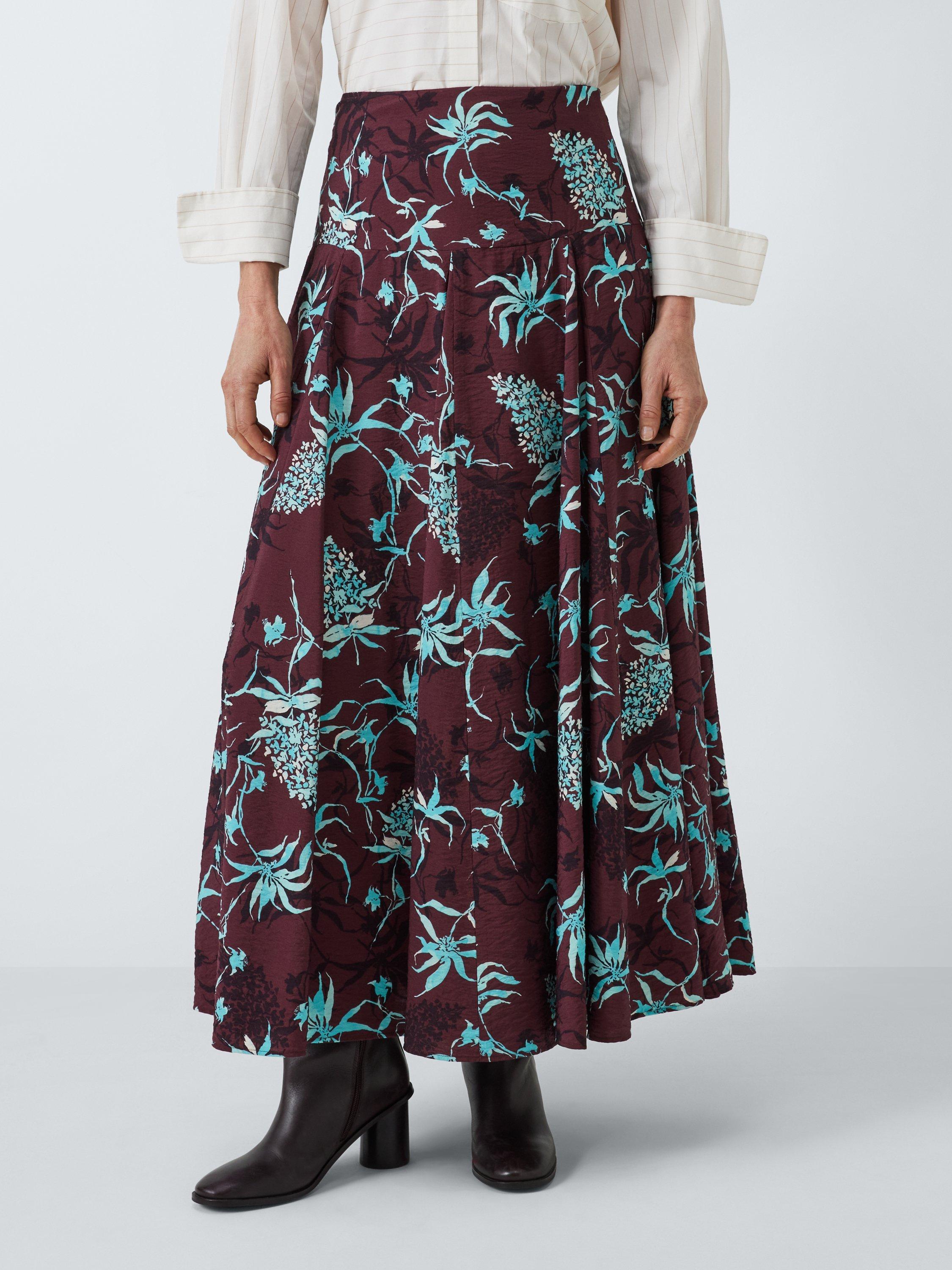 Product image 1 of 6, which shows John Lewis Floral Godet Skirt, Brown/Multi, 16