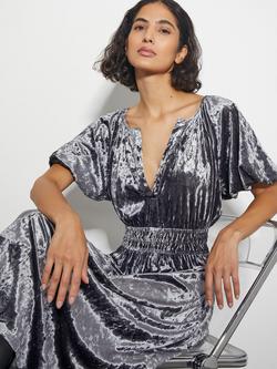 Monsoon Valle Velvet Puff Sleeve Midi Dress, Grey - view 2, Grey