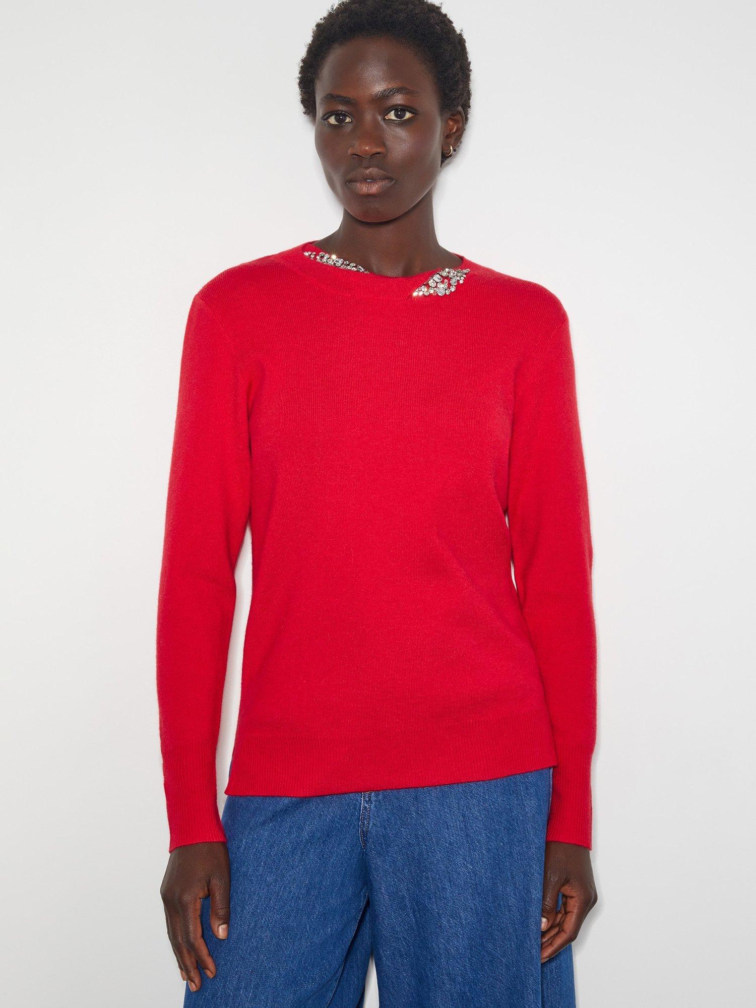 Monsoon Eva Embellished Neck Jumper, Red