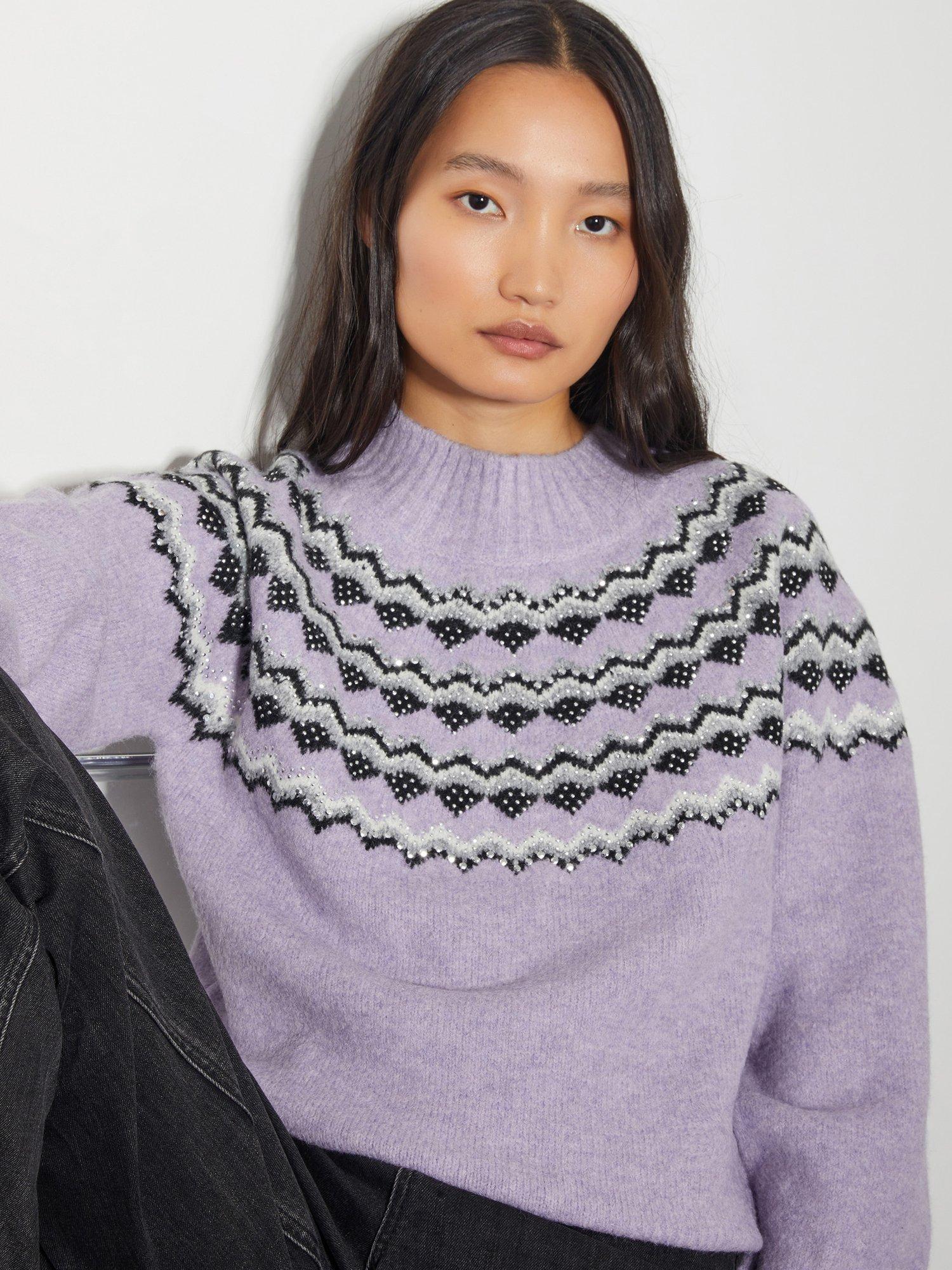 Product image 4 of 4, which shows Monsoon Fin Fair Isle Jumper, Lilac/Multi, S