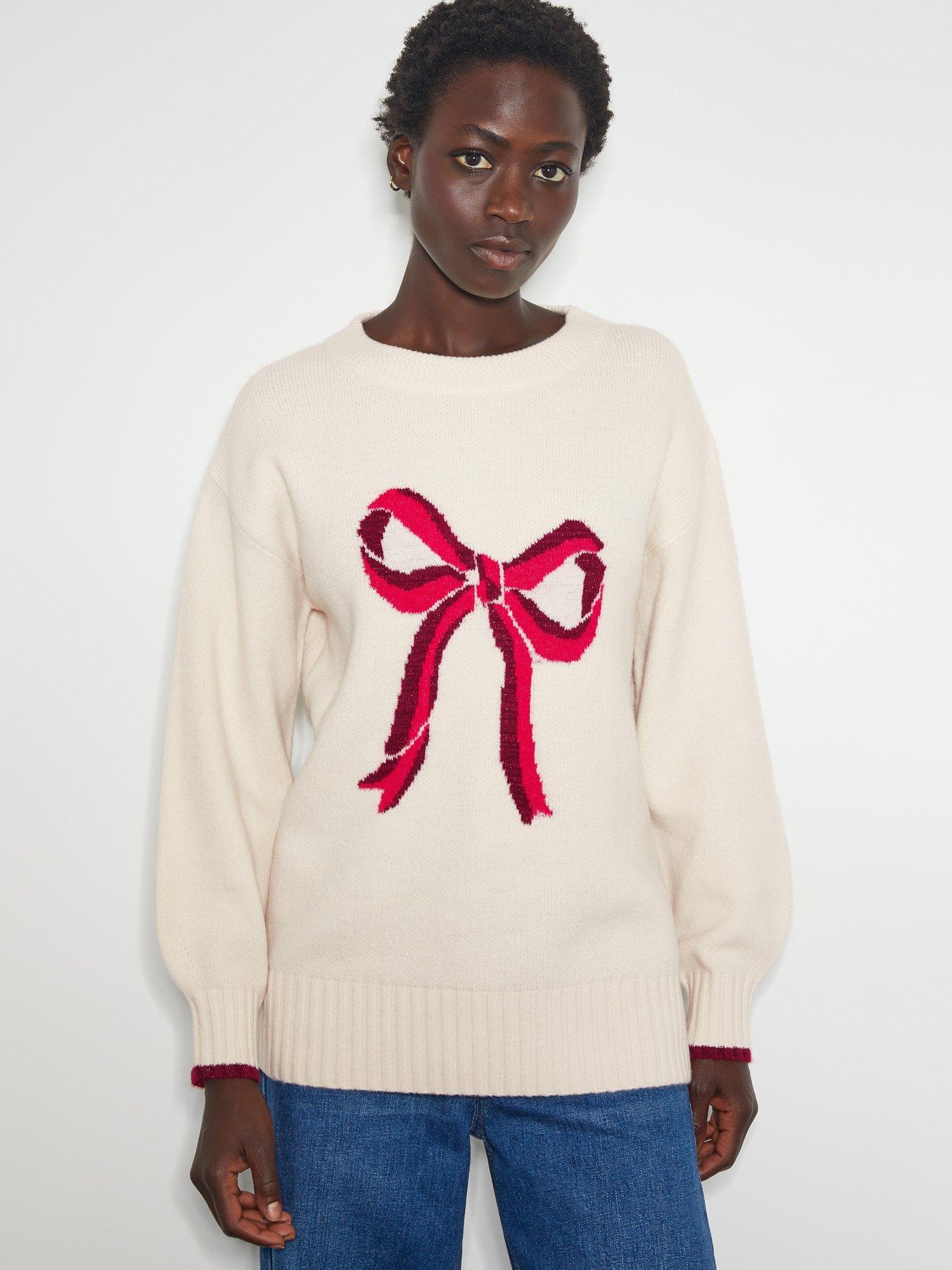 Product image 1 of 5, which shows Monsoon Lou Bow Intarsia Jumper, Ivory/Red, S