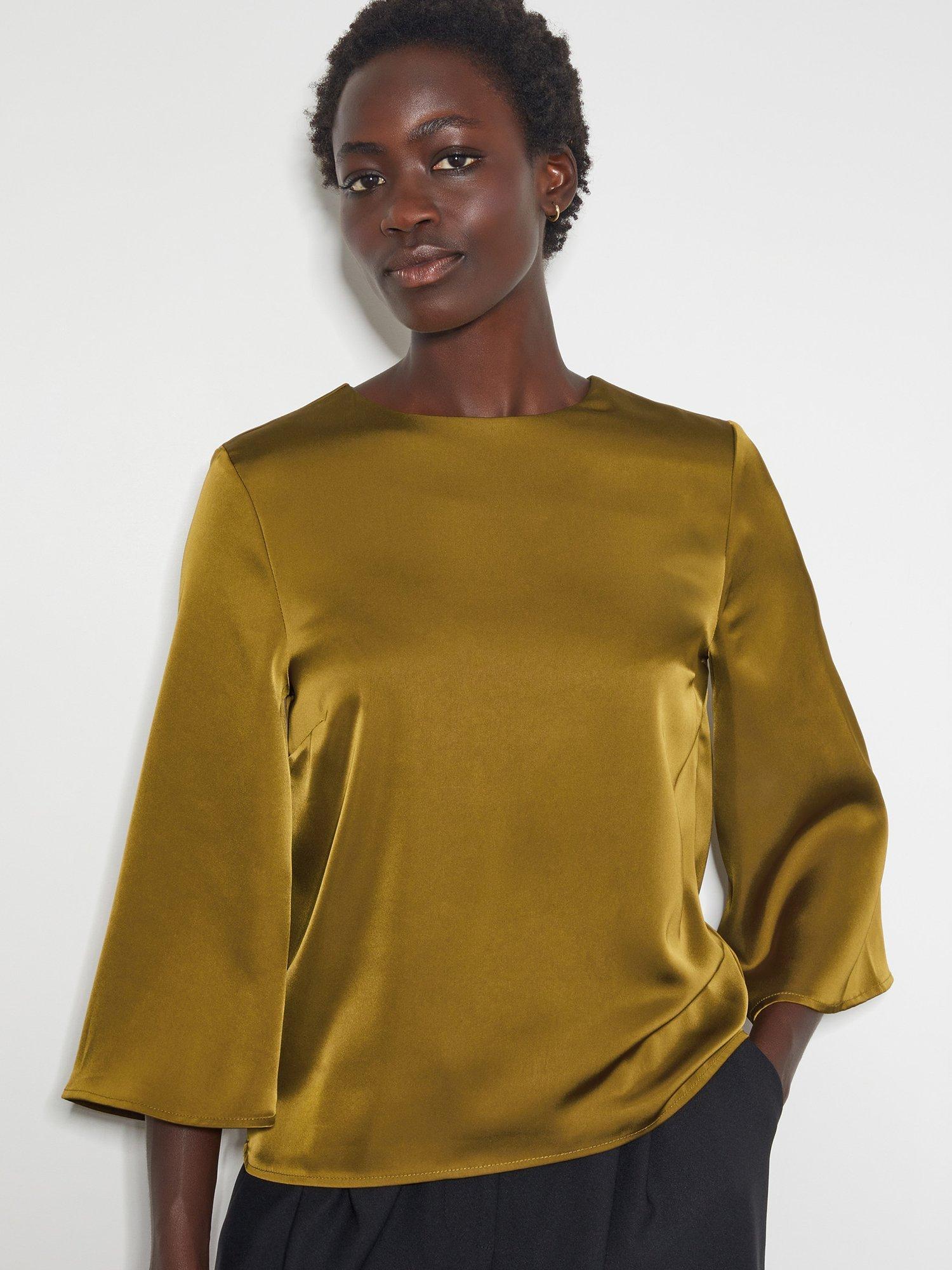 Monsoon Ingrid Satin Bell Sleeve Blouse, Olive, XL