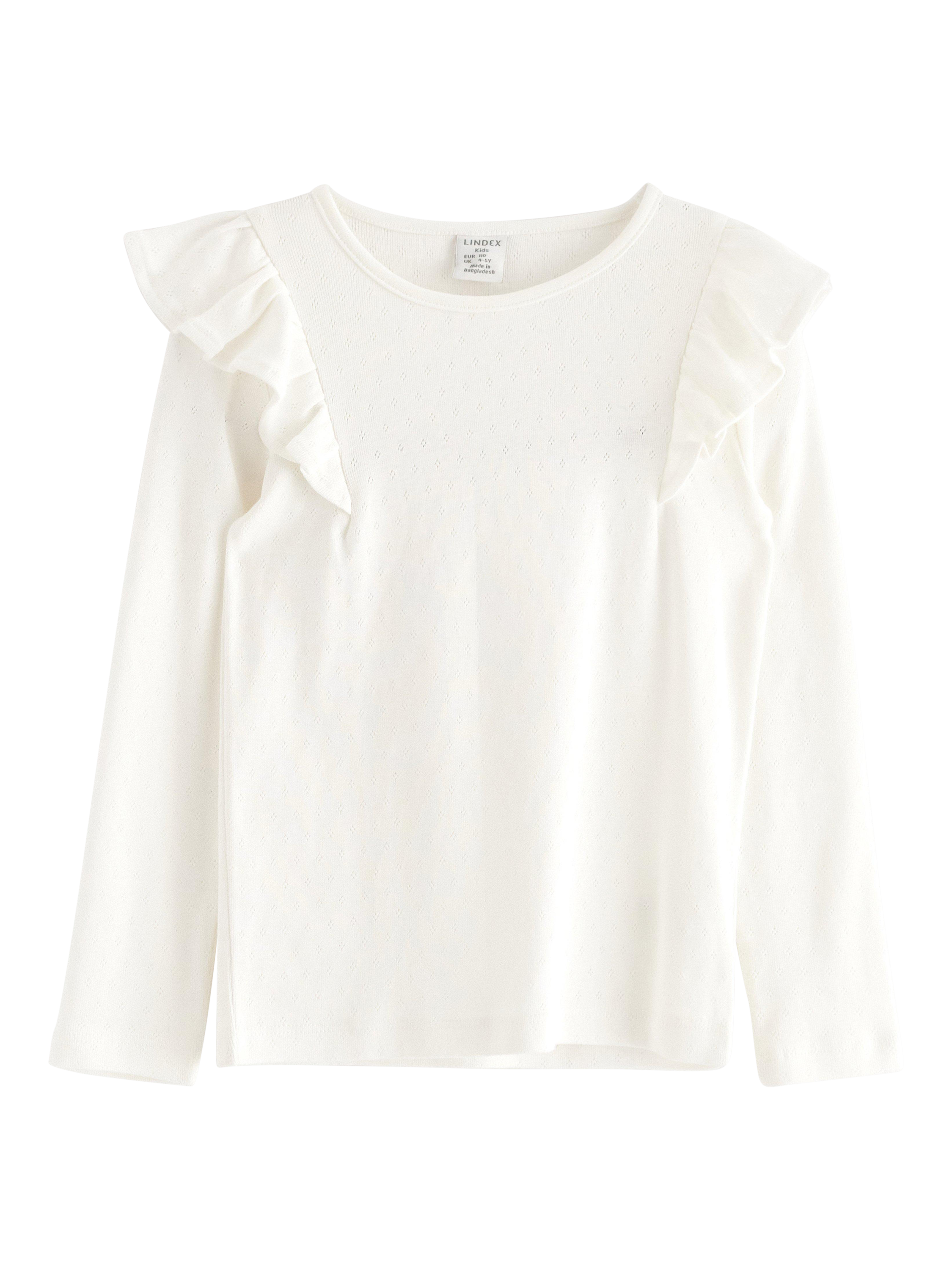 Product image 1 of 3, which shows Lindex Kids' Cotton Pointel Frill Long Sleeve Top, Light Dusty White, 3-4 years