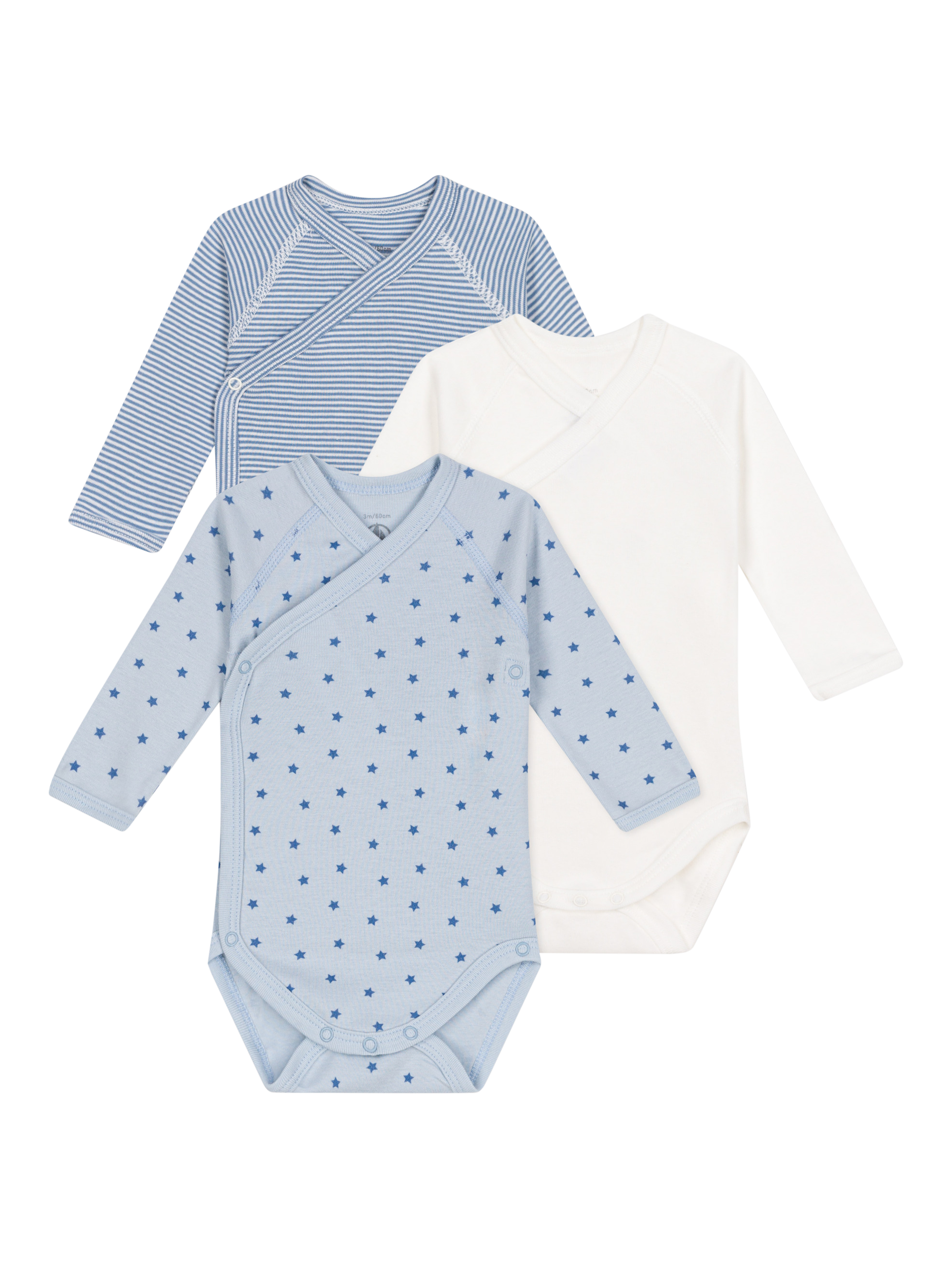 Product image 1 of 3, which shows Petit Bateau Baby Cotton Wrapover Bodysuits, Pack of 3, Blue/White, 0-1 months