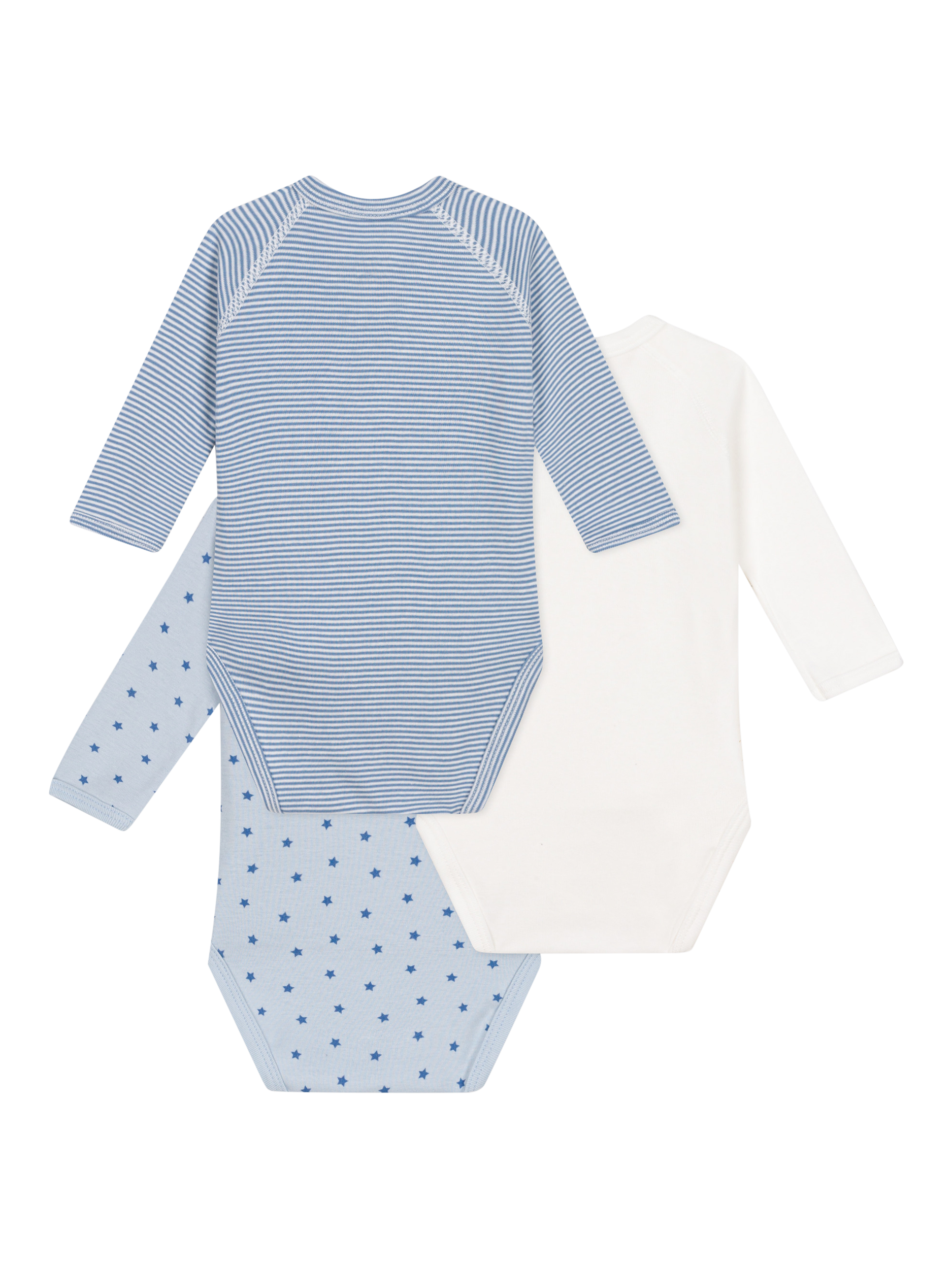 Product image 2 of 3, which shows Petit Bateau Baby Cotton Wrapover Bodysuits, Pack of 3, Blue/White, 0-1 months