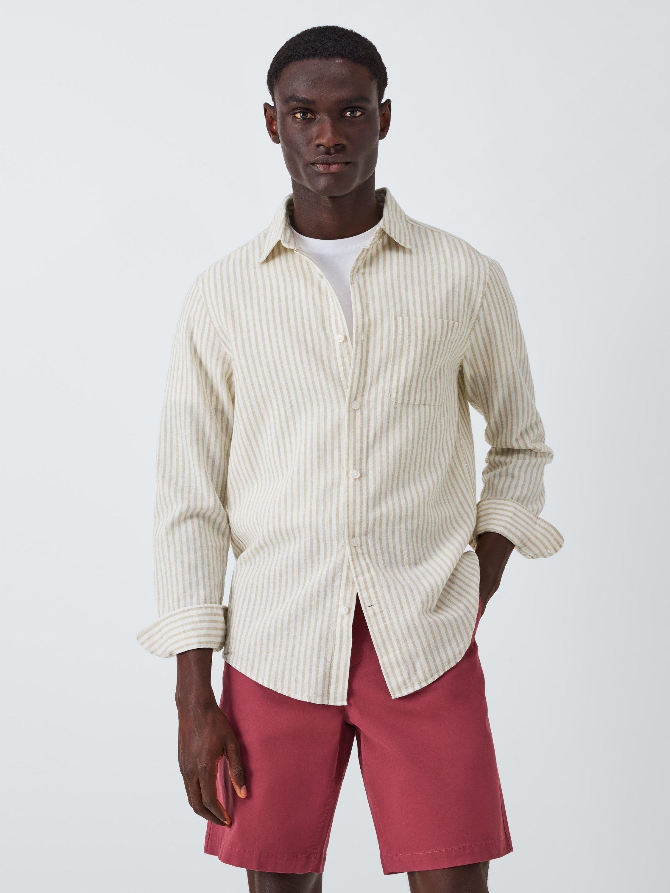 Product image 1 of 6, which shows John Lewis Regular Fit Candy Stripe Linen Blend Shirt, Moss Gray, M