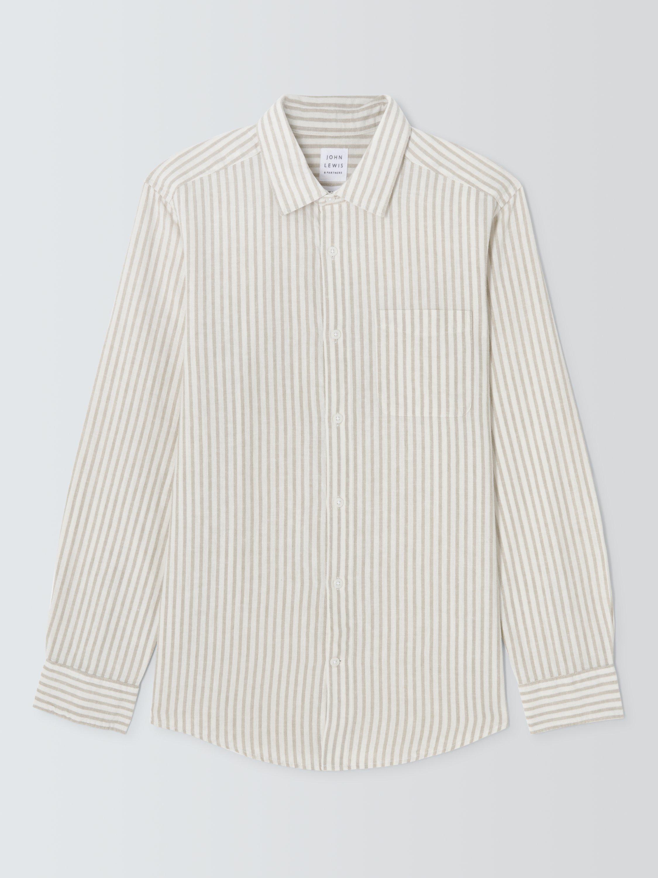 Product image 4 of 6, which shows John Lewis Regular Fit Candy Stripe Linen Blend Shirt, Moss Gray, M