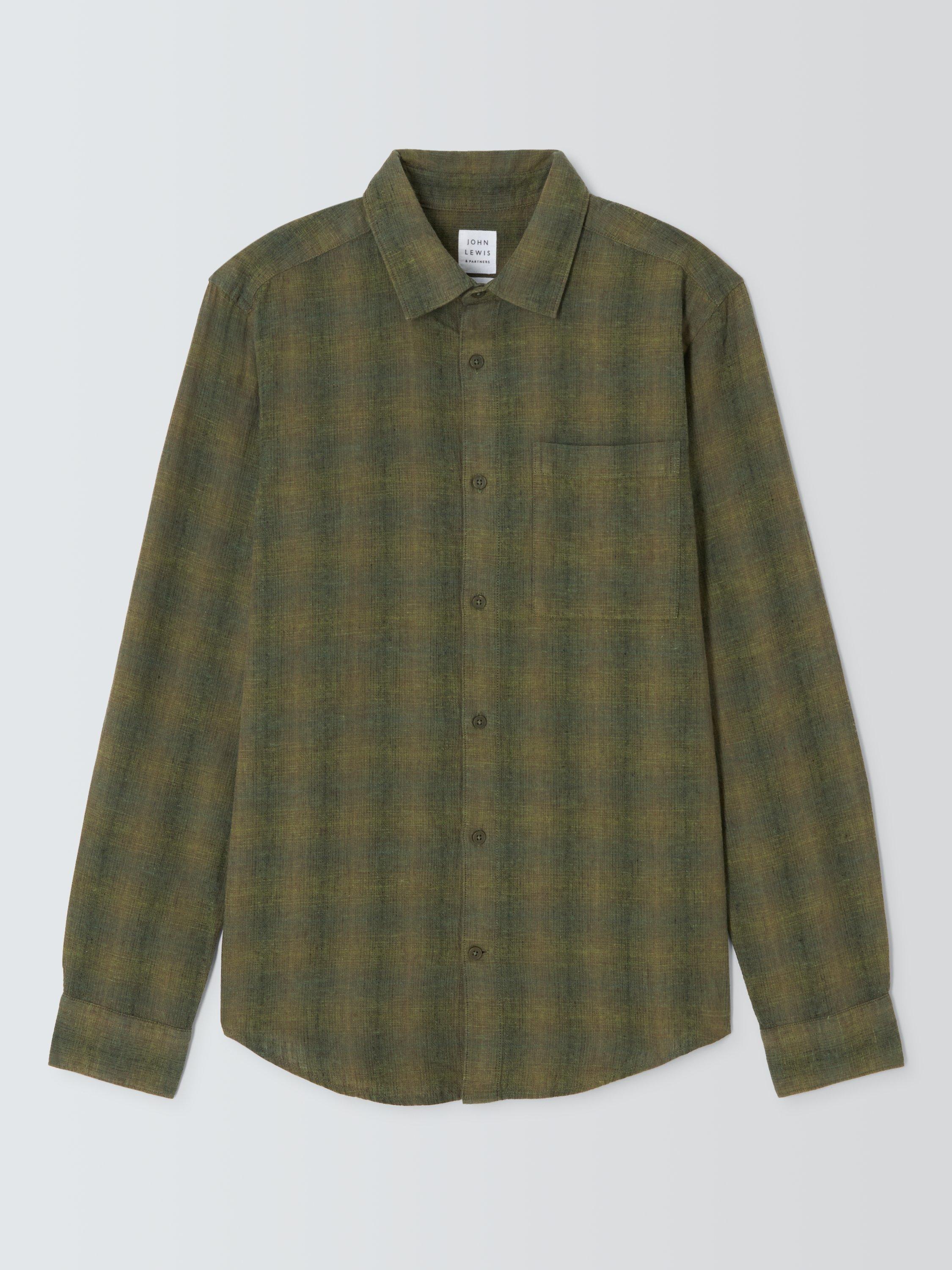 Product image 4 of 6, which shows John Lewis Regular Fit Shadow Check Linen Blend Shirt, Khaki, S
