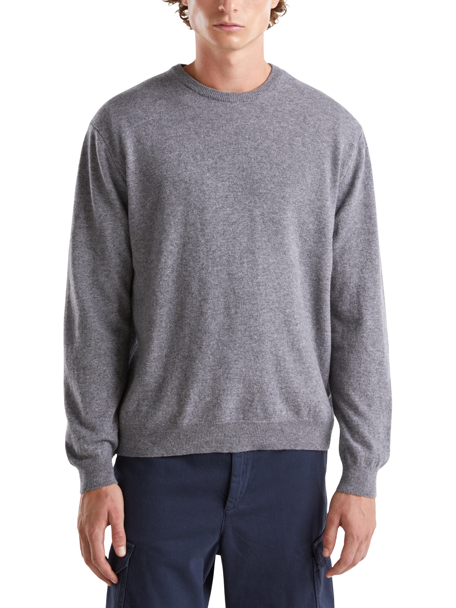Product image 1 of 3, which shows Benetton Pure Merino Wool Crew Neck Jumper, Dark Melange Grey, S