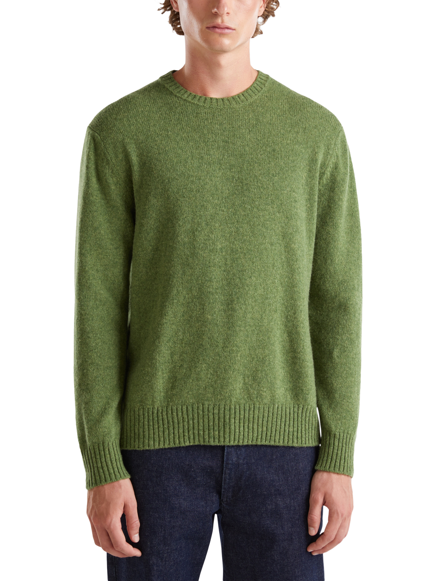 Benetton Warm Wool Crew Neck Jumper, Green Melange