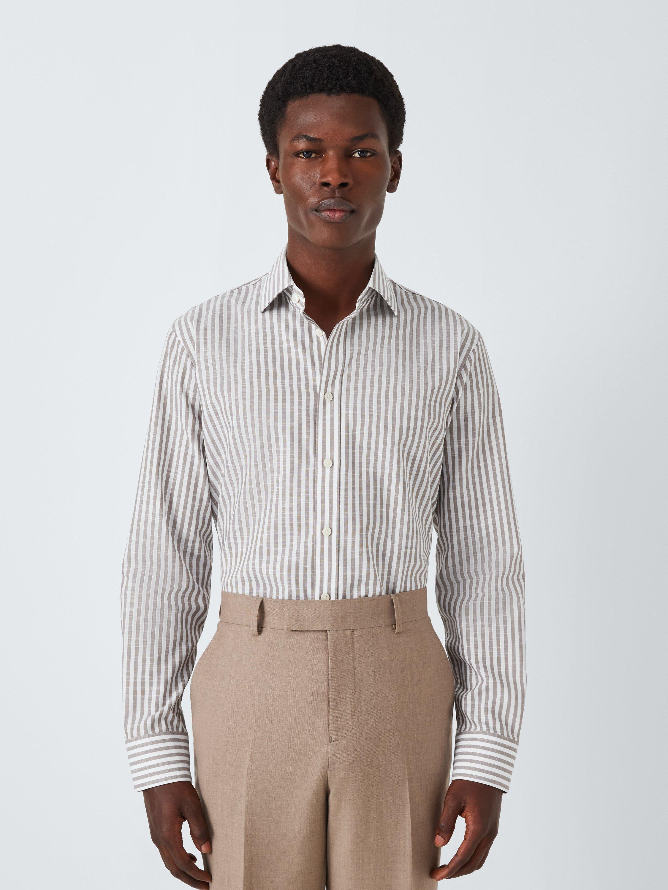 Product image 1 of 8, which shows John Lewis Cotton Stripe Tailored Fit Shirt, Neutral, 16R