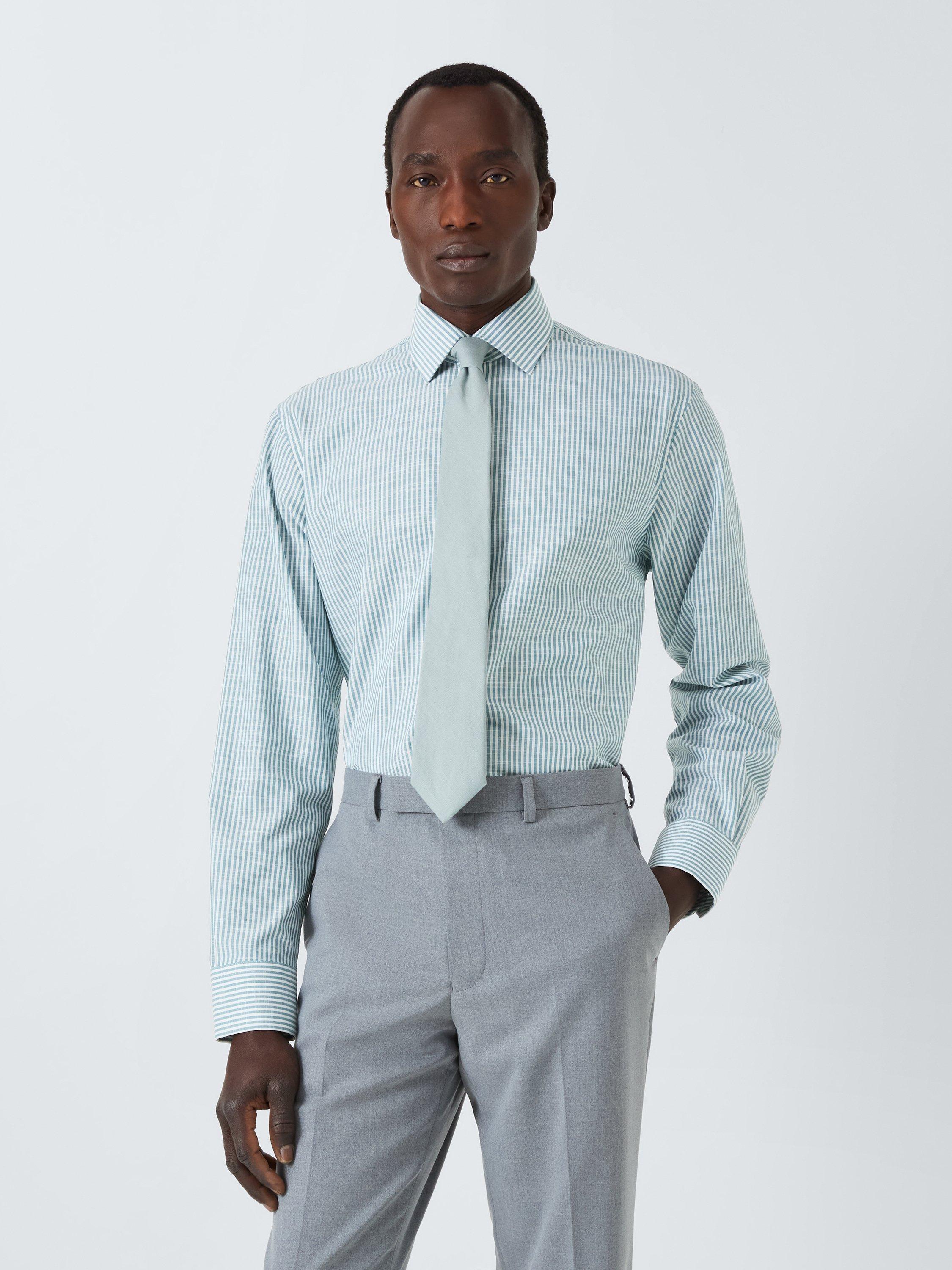 Product image 1 of 8, which shows John Lewis Cotton Stripe Tailored Fit Shirt, Teal, 15R