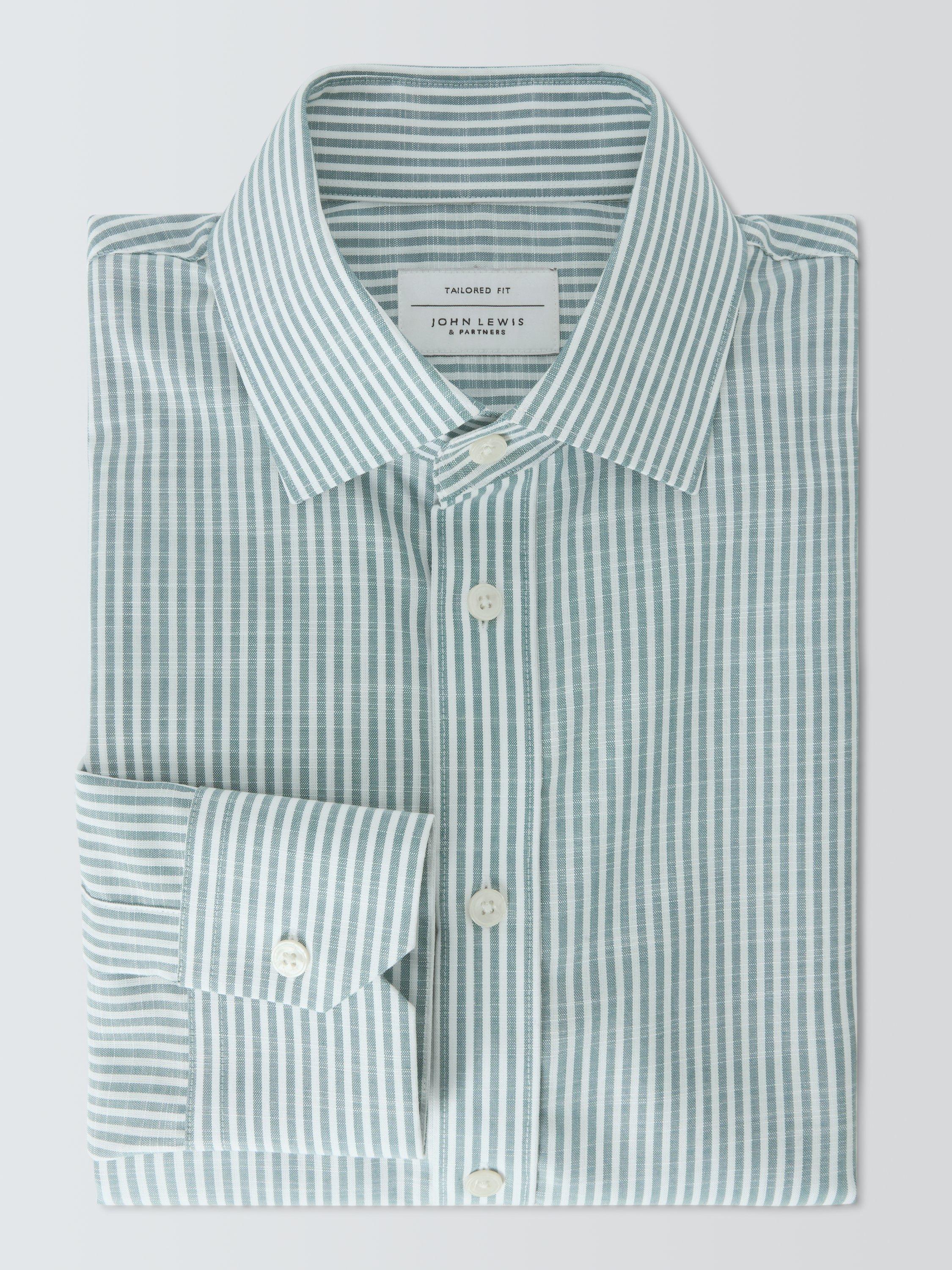 Product image 4 of 8, which shows John Lewis Cotton Stripe Tailored Fit Shirt, Teal, 15R