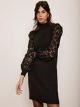 Mint Velvet Floral Embellished Sheer Sleeve Mini Dress, Black