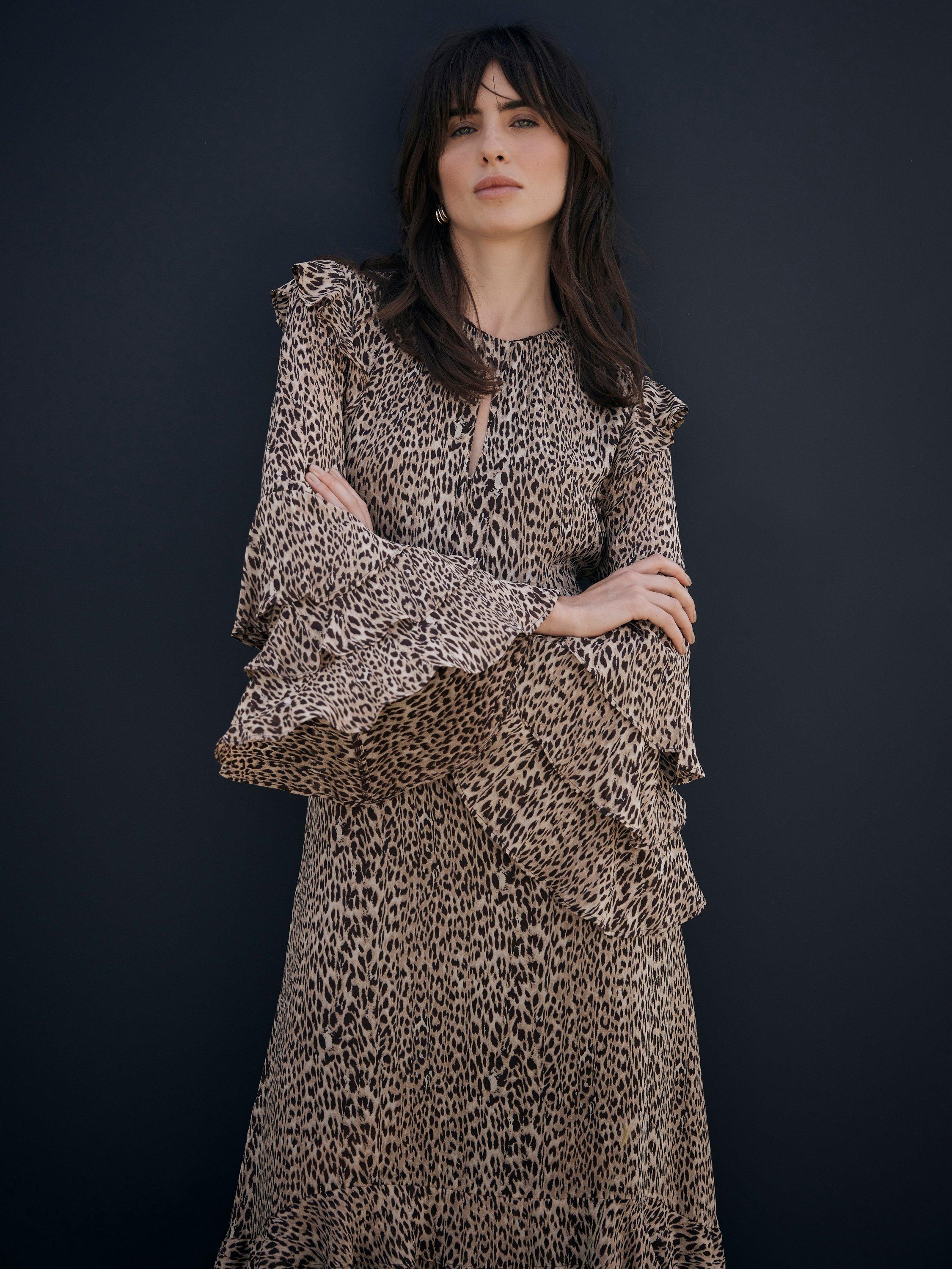 Mint Velvet Leopard Print Ruffle Midi Dress, Brown/Multi, 6
