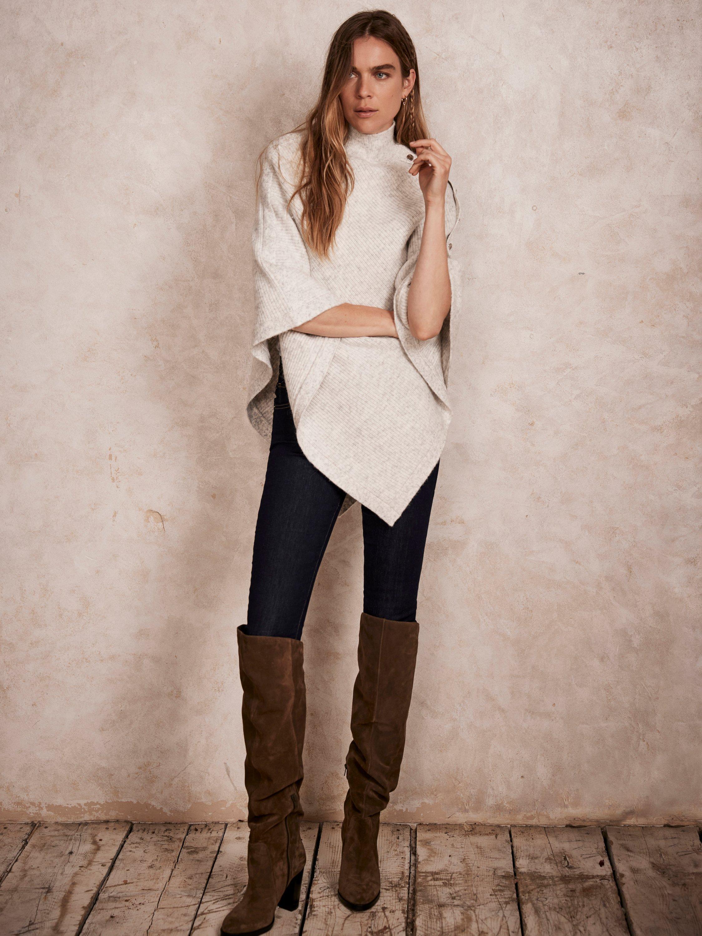 Mint Velvet Button Detail Poncho, White Melange
