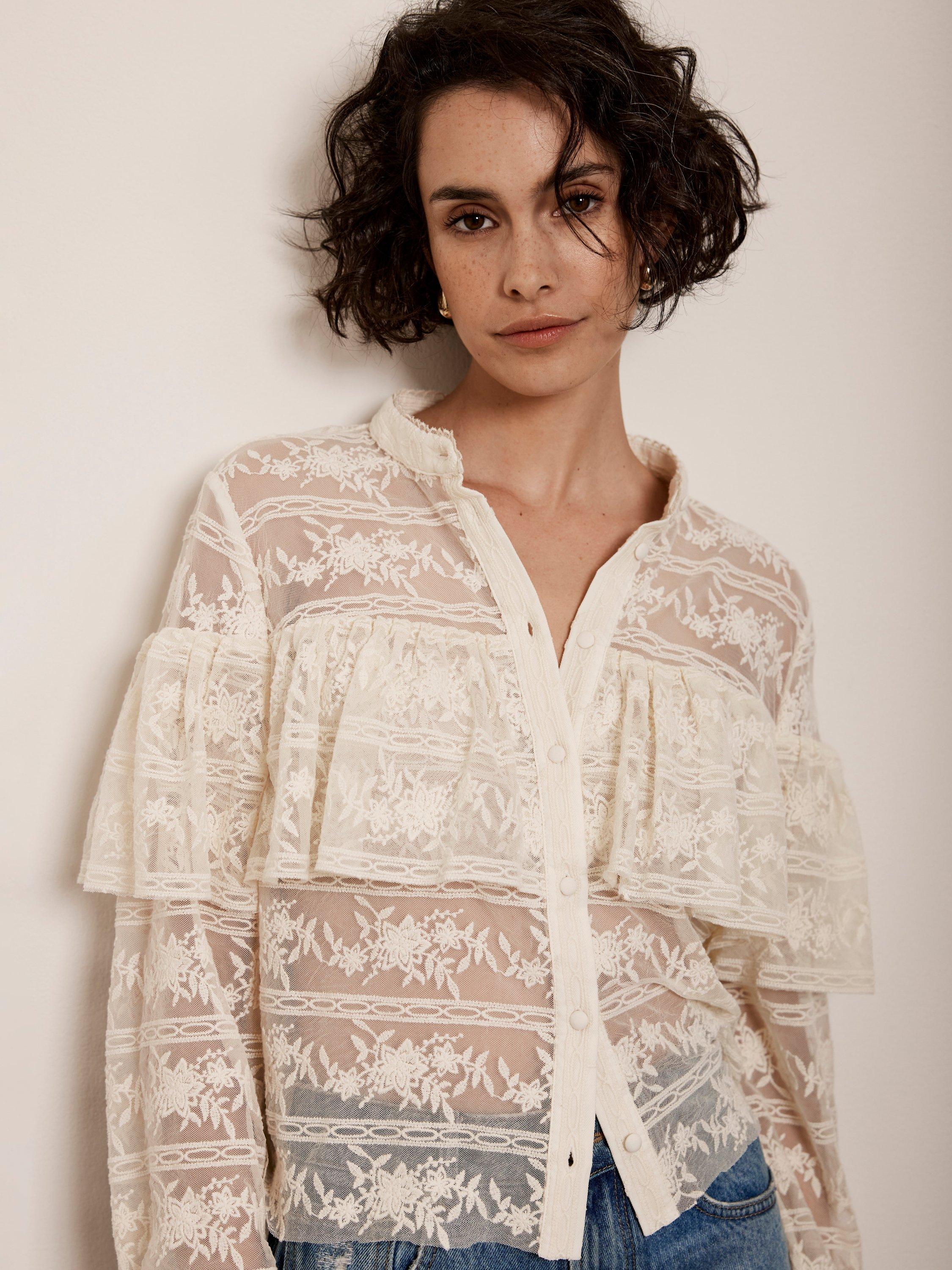 Mint Velvet Lace Ruffle Top, Cream