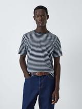 John Lewis ANYDAY Stripe Crew Neck T-Shirt, India Ink / Skyway Blue
