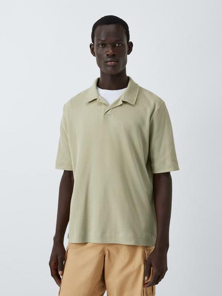 John Lewis Waffle Cotton Short Sleeve Revere Collar Polo Shirt, Moss Gray, Moss Gray