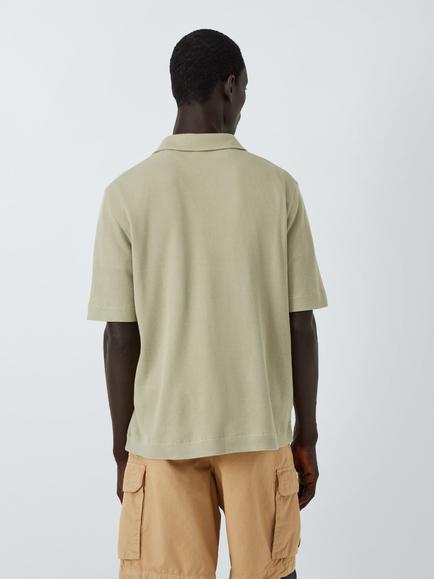 John Lewis Waffle Cotton Short Sleeve Revere Collar Polo Shirt, Moss Gray - view 2, Moss Gray