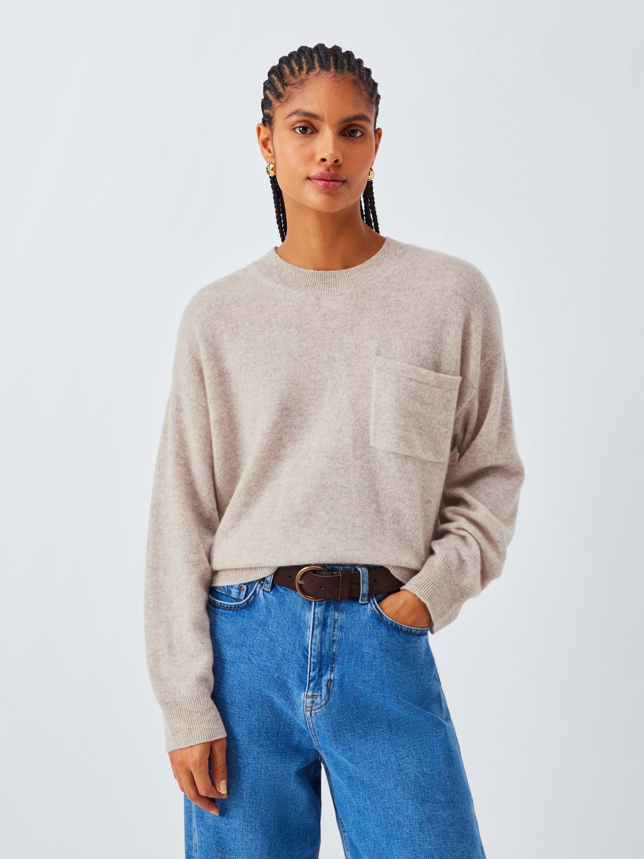Product image 1 of 7, which shows John Lewis Crew Neck Cashmere Patch Pocket Jumper, Natural, 10