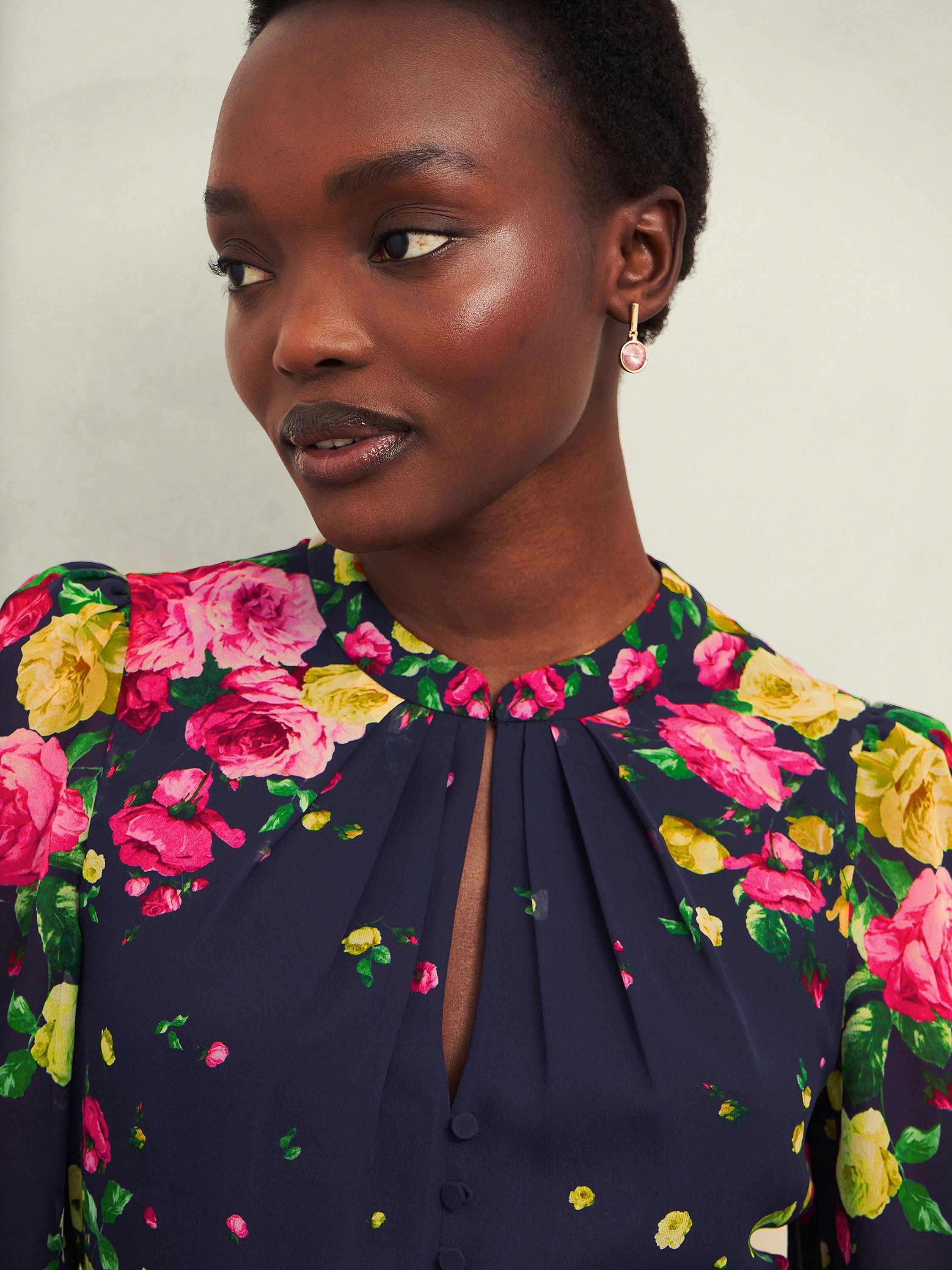 Product image 3 of 7, which shows Hobbs Petite Eva Floral Silk Dress, Navy/Multi, 6