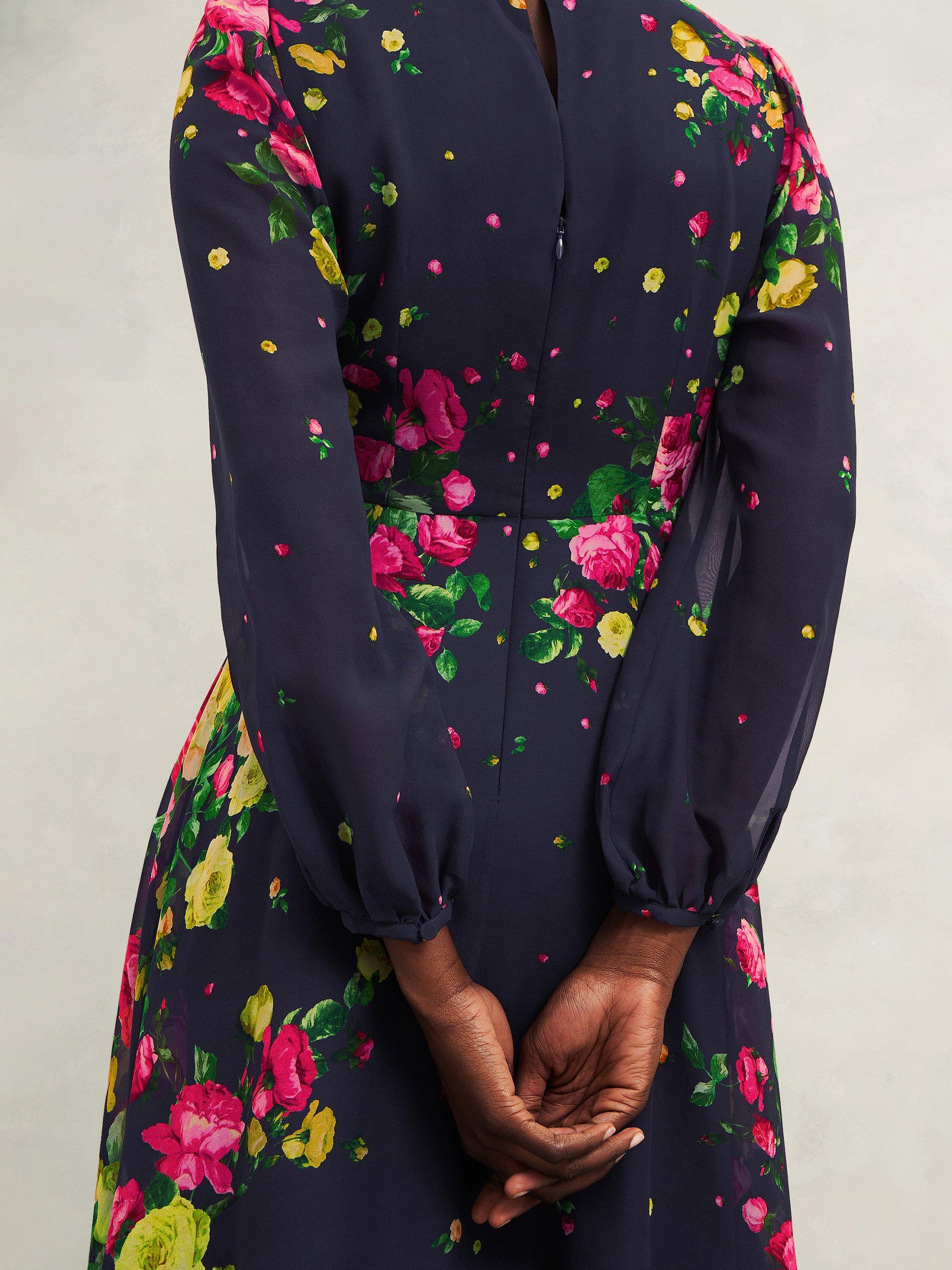Product image 5 of 7, which shows Hobbs Petite Eva Floral Silk Dress, Navy/Multi, 6