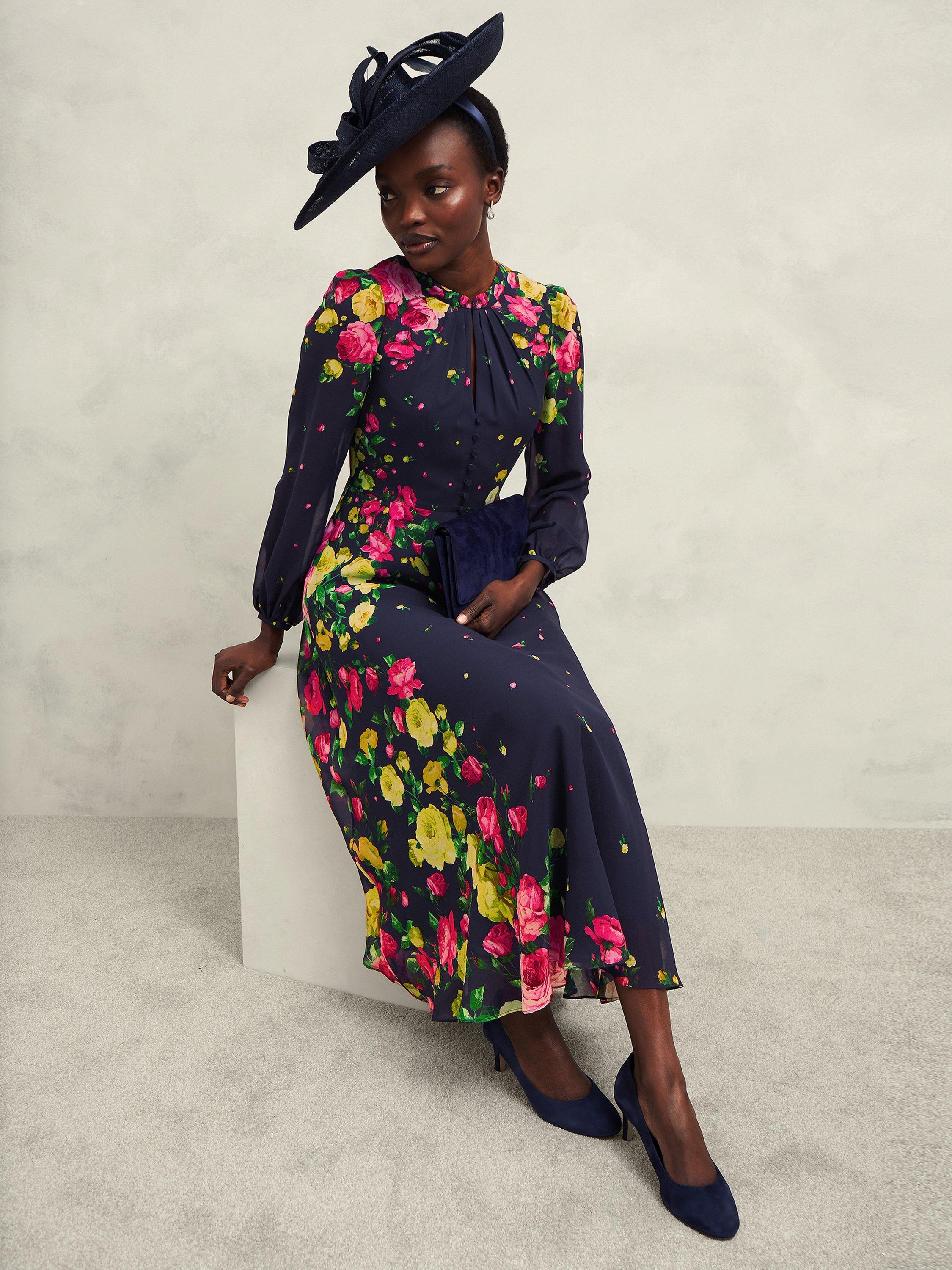 Product image 6 of 7, which shows Hobbs Petite Eva Floral Silk Dress, Navy/Multi, 6