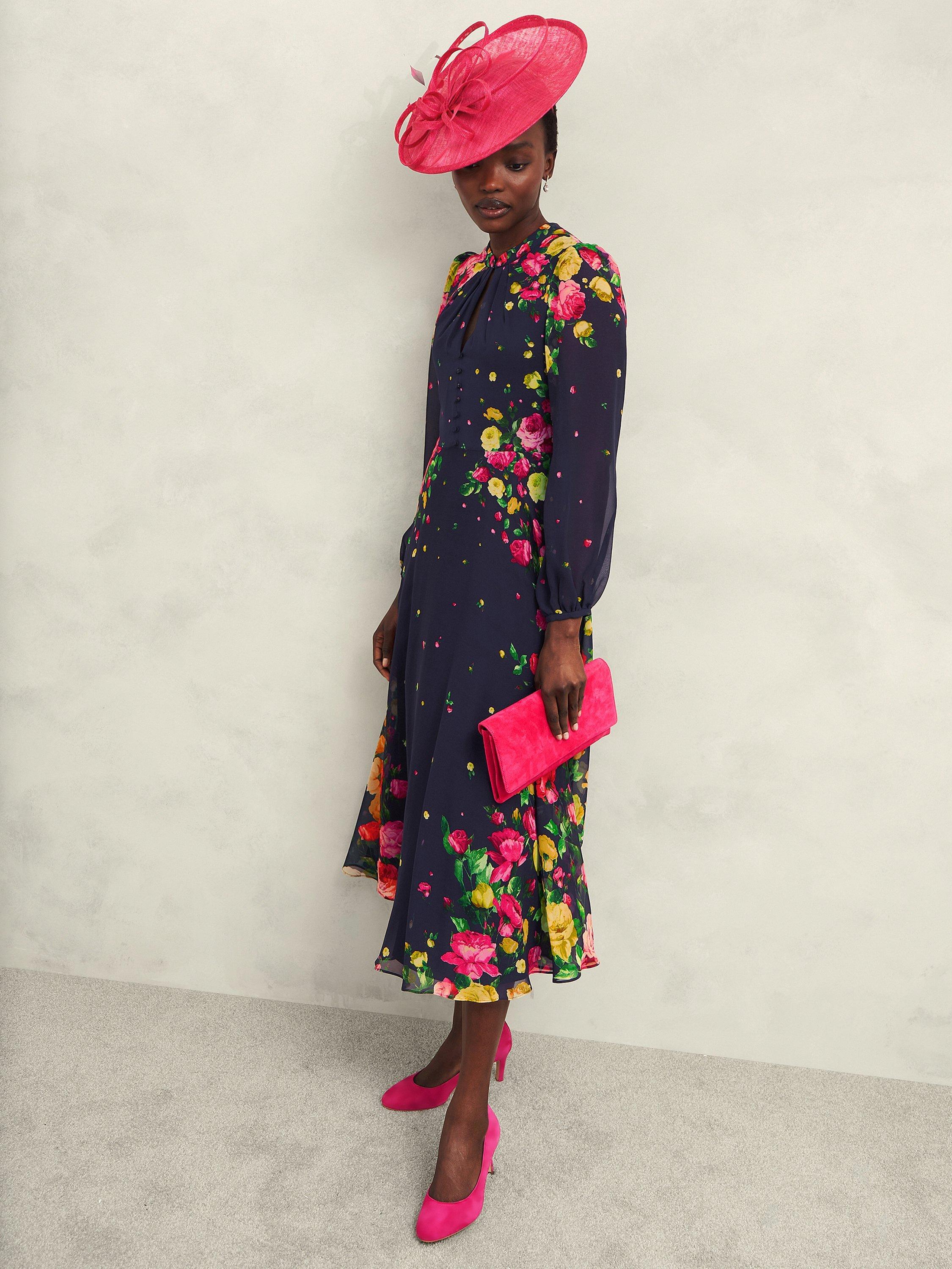 Product image 7 of 7, which shows Hobbs Petite Eva Floral Silk Dress, Navy/Multi, 6