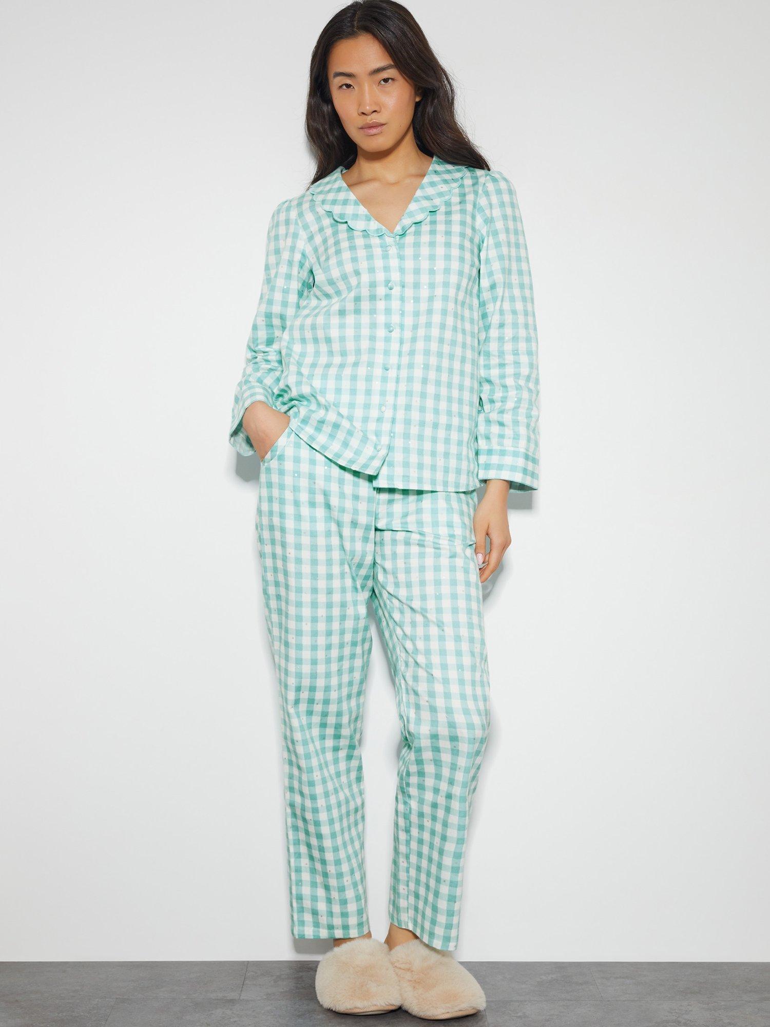 Monsoon Clementine Gingham Cotton Pyjama Set, Teal/White