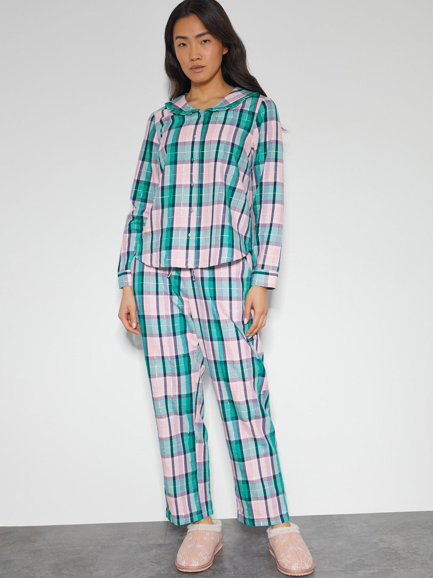 Monsoon Cleo Check Cotton Blend Pyjama Set Teal Multi