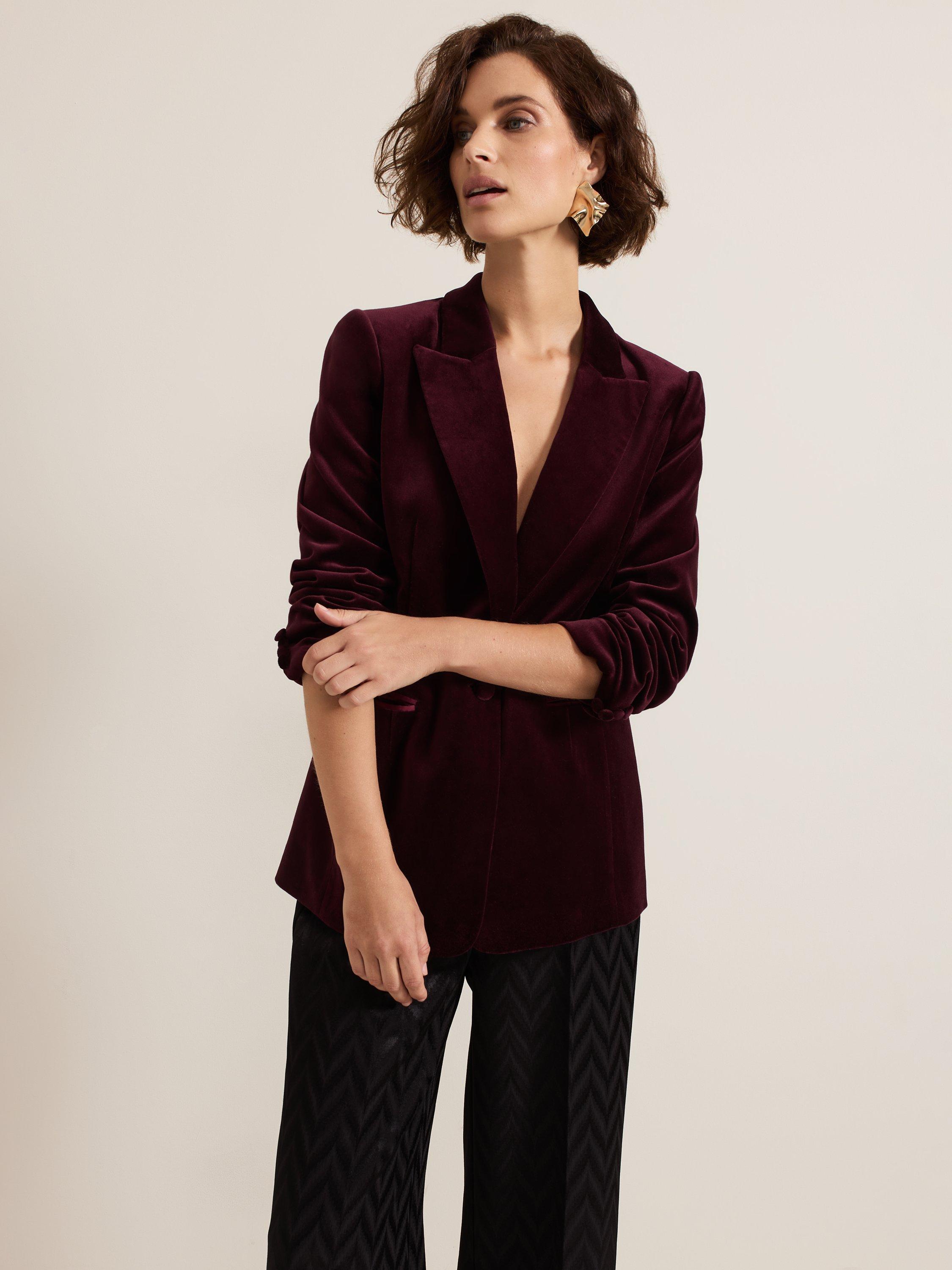 Product image 1 of 9, which shows Phase Eight Bridie Velvet Blazer, Burgundy, 8