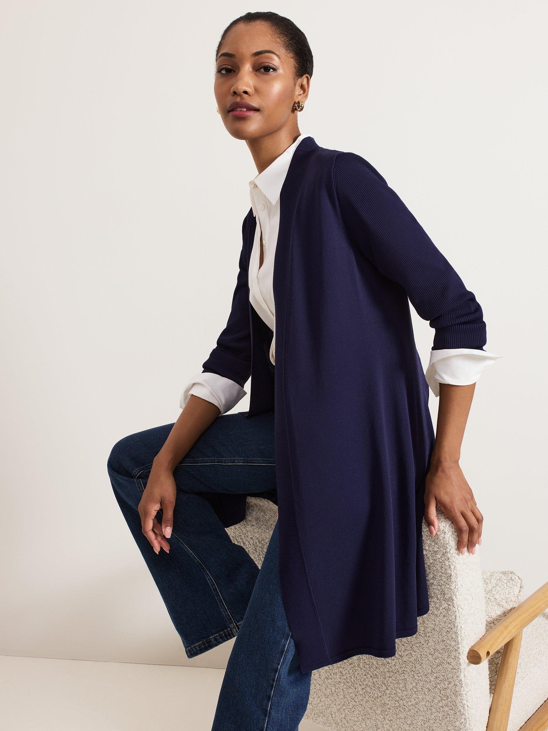 Product image 4 of 5, which shows Phase Eight Lauren Longline Jersey Cardigan, Navy, XS