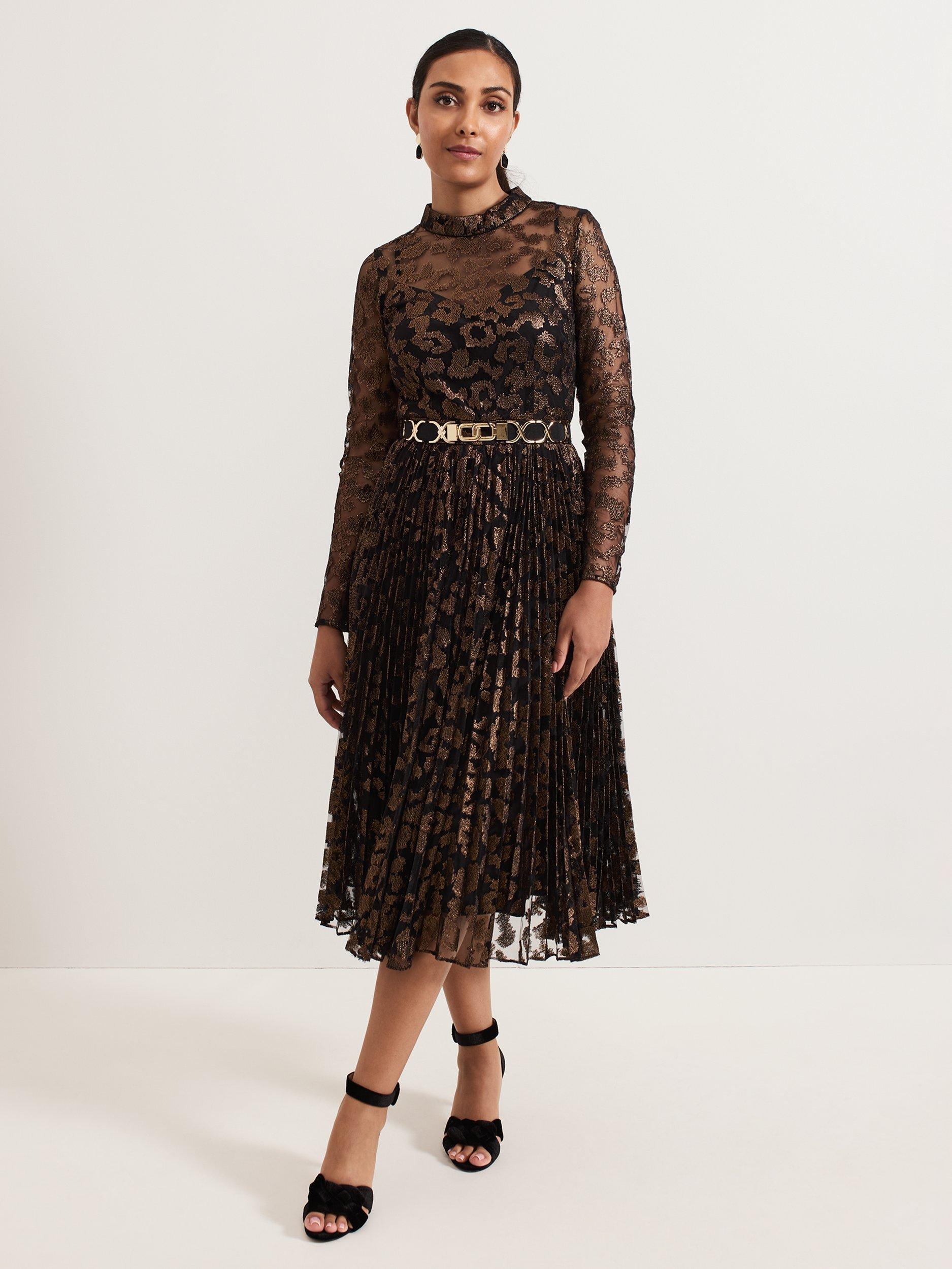 Phase Eight Petite Theodora Leopard Print Pleated Midi Dress Black Multi