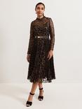 Phase Eight Petite Theodora Leopard Print Pleated Midi Dress, Black/Multi