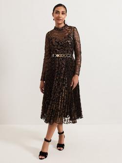 Phase Eight Petite Theodora Leopard Print Pleated Midi Dress, Black/Multi, Black/Multi