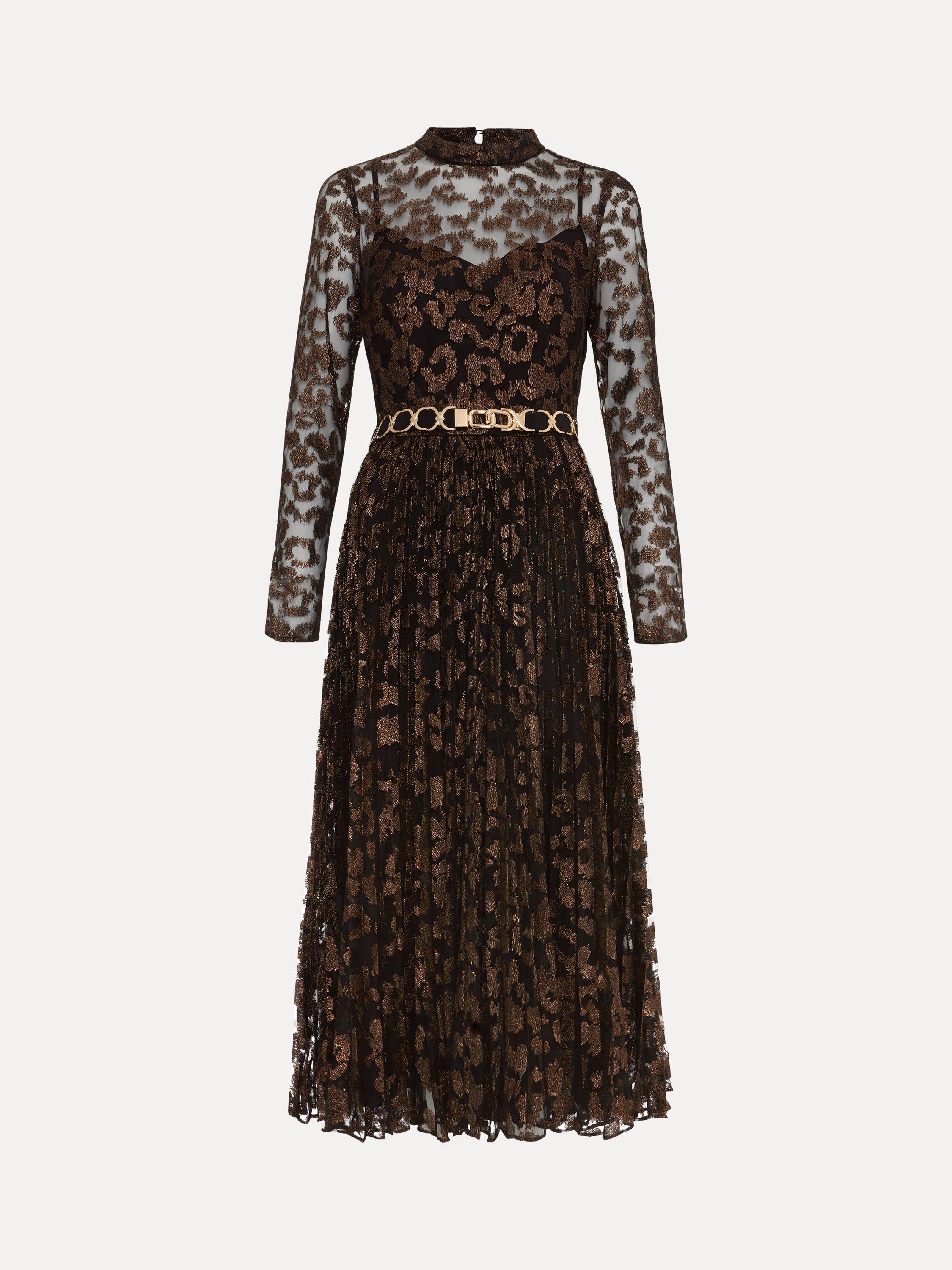 Phase Eight Petite Theodora Leopard Print Pleated Midi Dress Black Multi