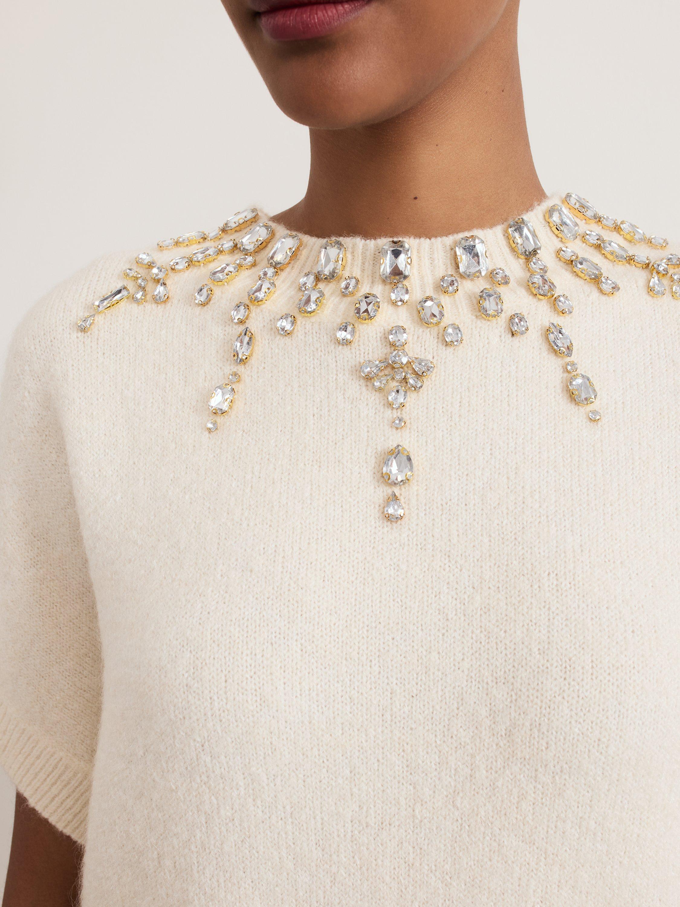 Product image 5 of 7, which shows Phase Eight Allie Jewelled Knit Top, Ivory, S