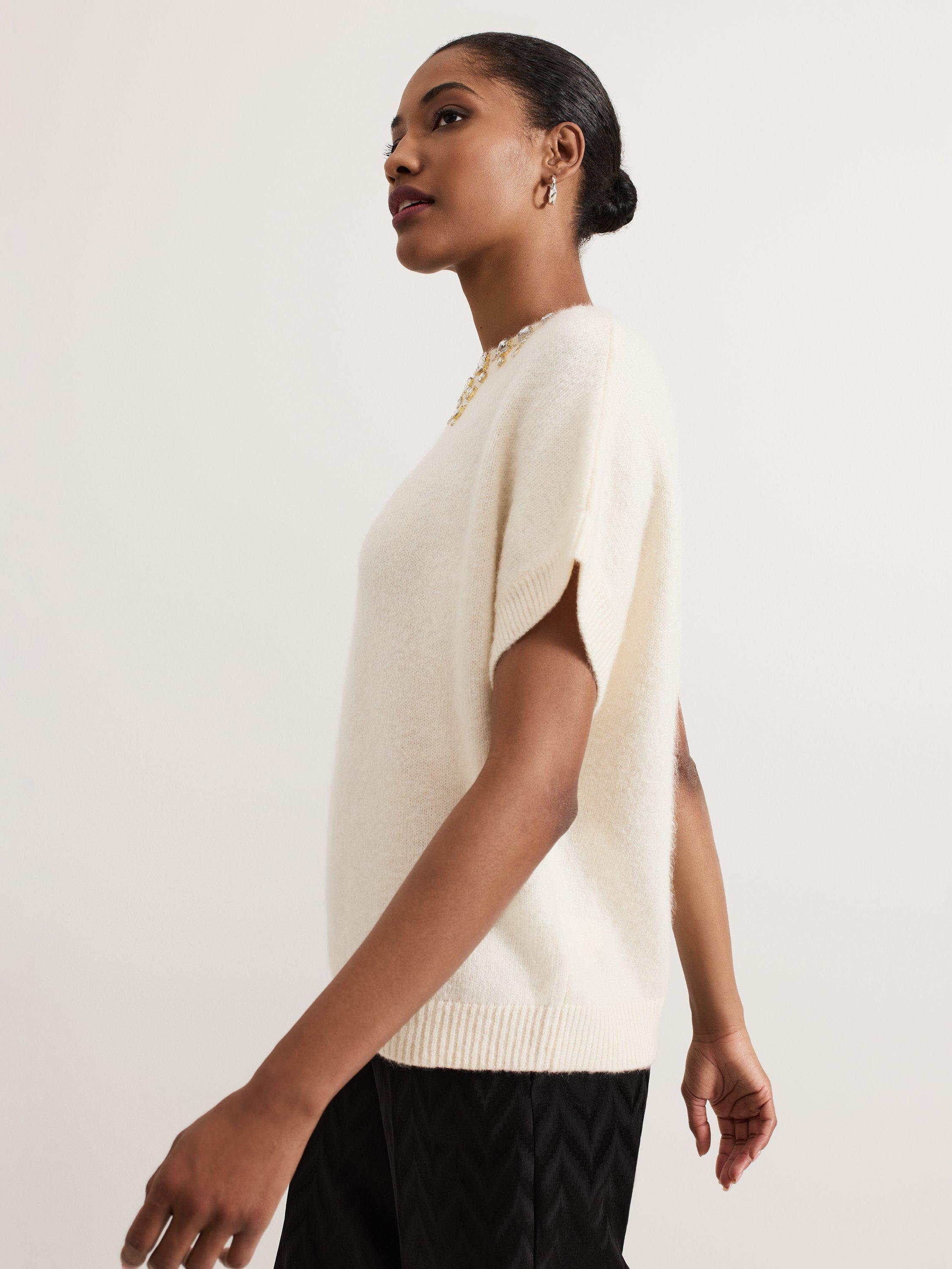 Product image 6 of 7, which shows Phase Eight Allie Jewelled Knit Top, Ivory, S