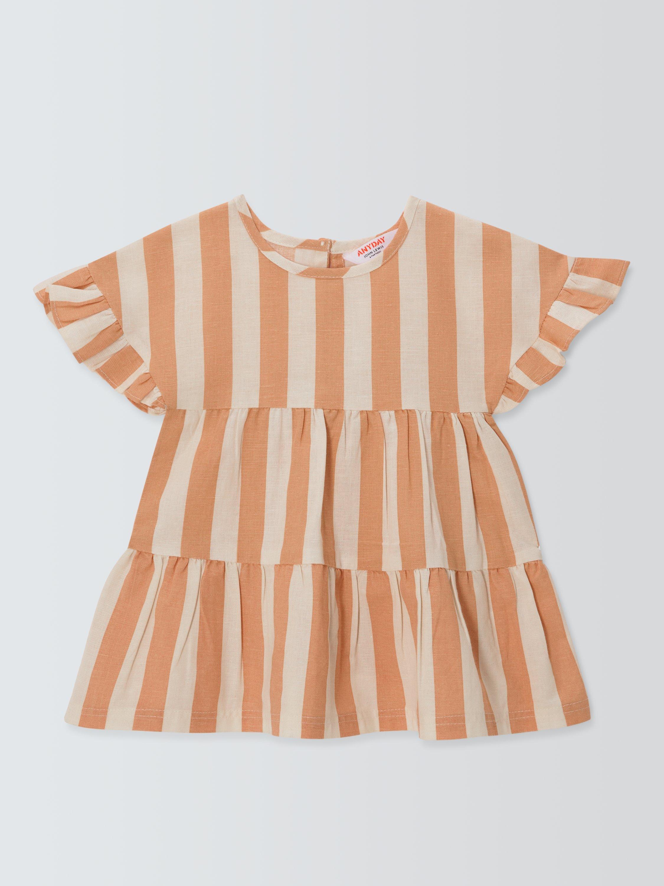 Product image 1 of 3, which shows John Lewis ANYDAY Baby Linen Blend Dress, Toast Stripe, 3-6 months